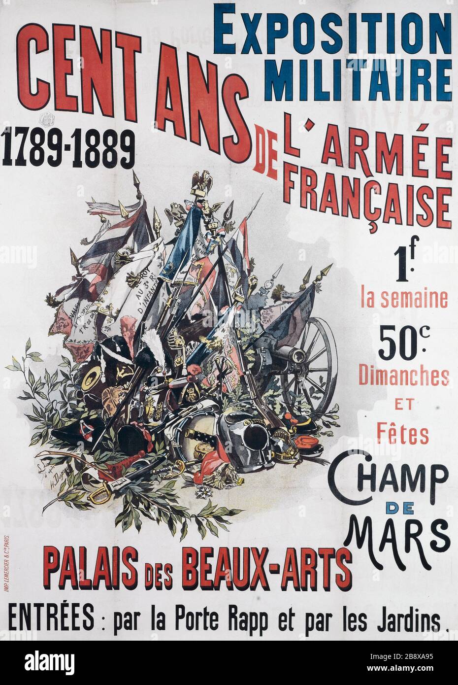 SPETTACOLO MILITARE, CENTO ANNI DI ESERCITO FRANCESE, 1789-1889, PALAZZO DELLE BELLE ARTI HENRI-LOUIS DUPRAY (1841-1909). Lemercier. Esposizione Militaire, Cent Ans de l'Armée Française, 1789-1889, Palais des Beaux-Arts Affiche. Lithographie couleur, 1889. Parigi, musée Carnavalet. Foto Stock