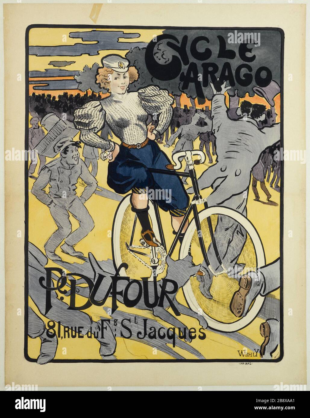 CICLO ARAGO, 81 RUE DU FG ST JACQUES WEHLY. Imprimerie Bas. Ciclo Arago, 81 Rue du Faubourg-Saint-Jacques. Affiche. Lithographie couleur. Parigi, musée Carnavalet. Foto Stock
