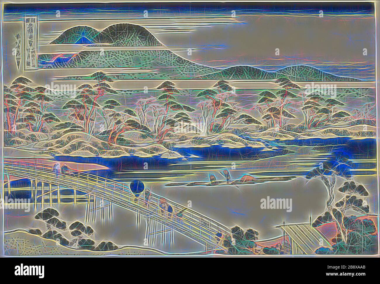 Ponte di Togetsu ad Arashiyama nella provincia di Yamashiro (Yamashiro Arashiyama no Togetsukyo), dalla serie viste insolite di ponti famosi in varie Province (Shokoku meikyo kiran), c. 1833/34, Katsushika Hokusai ?? ??, Giapponese, 1760-1849, Giappone, stampa a blocchi di legno a colori, oban, Reimagined by Gibon, disegno di un caldo e allegro bagliore di luminosità e di radianza di raggi di luce. Arte classica reinventata con un tocco moderno. La fotografia ispirata al futurismo, che abbraccia l'energia dinamica della tecnologia moderna, del movimento, della velocità e rivoluziona la cultura. Foto Stock