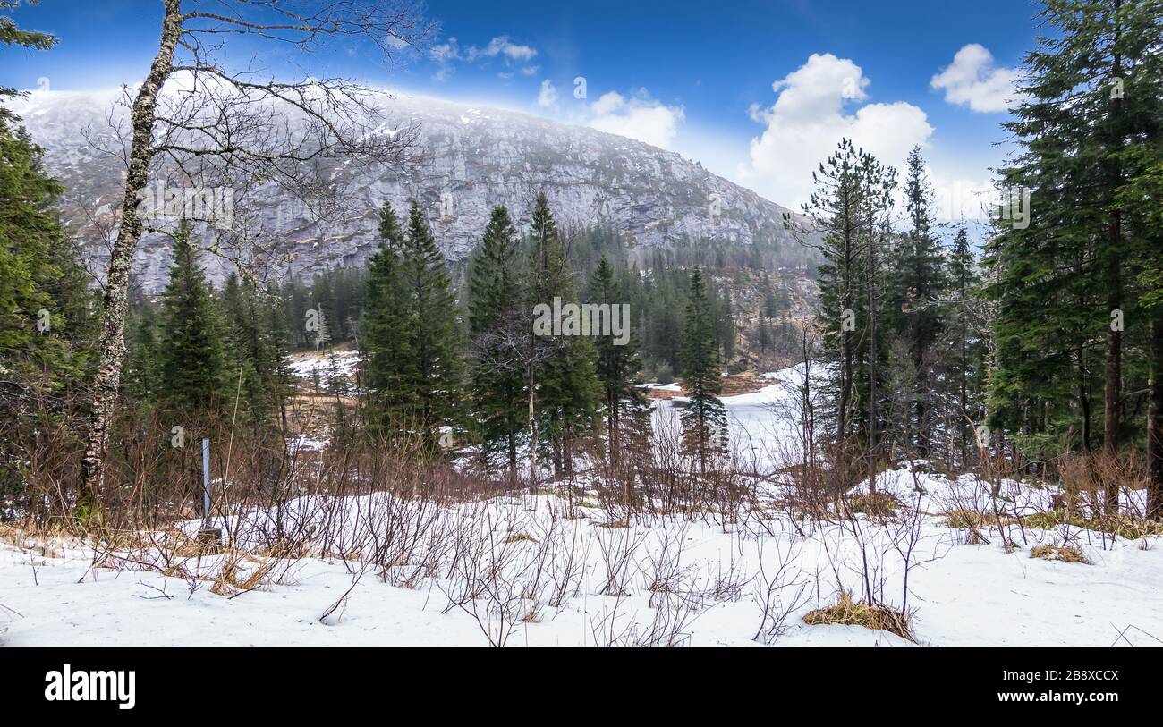 Paesaggio invernale in cima al monte Floyen, Bergen, Norvegia. Sentiero escursionistico. Foto Stock