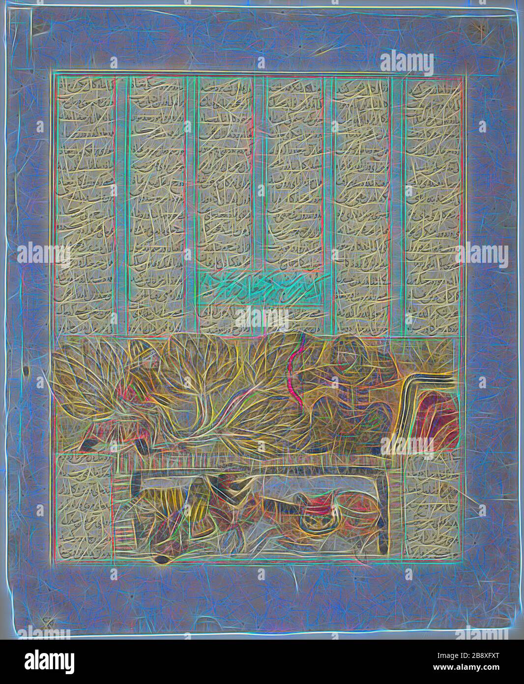 Rustam Slaying jackal, dalla Shahnama di Firdausi, dinastia Ilkhanid (1256–1353), datato 1341, Iran, Shiraz, Iran, inchiostro e acquerello opaco su carta, immagine: 30 x 25,3 cm (11 13/16 x 9 15/16 in.), carta: 37,1 x 30,2 cm, Reimagined by Gibon, design di luce calda e luminosa. Arte classica reinventata con un tocco moderno. La fotografia ispirata al futurismo, che abbraccia l'energia dinamica della tecnologia moderna, del movimento, della velocità e rivoluziona la cultura. Foto Stock