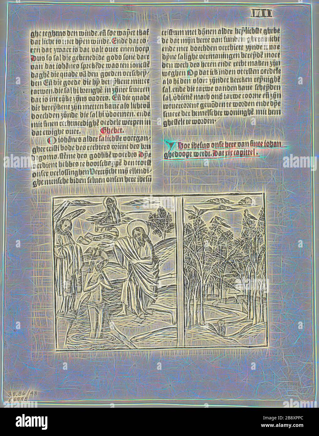 Il Battesimo di Cristo e della scena forestale di Leven Christi (vita di Cristo), piastra 43 da tagli di legno da libri del 15th secolo, 1495, portfolio assemblato 1929, artista sconosciuto (Gouda o Anversa, fine 15th secolo), stampato e pubblicato da Pieter van OS (Netherlandish, attivo c. 1479-1496), testo originale di Ludolphus de Saxonia (tedesco, c. 1295–1378), testo di portafoglio di Wilhelm Ludwig Schreiber (tedesco, 1855–1932), Paesi Bassi, Woodcut in nero, e letterpress in nero con rubricazione (recto e verso), su carta cremosa deposta, 93 x 128 mm (immagine), 240 x 188 mm (foglio), Reimagined by Gibon, des Foto Stock