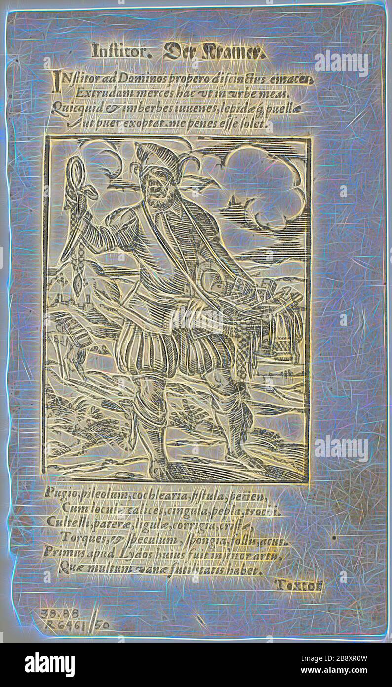 Der Kramer (The Peddler) di De omnibus illiberalibus sive meccanicis artibus di Hartmann Schopper, piatto 50 di tagli di legno dei libri del XVI secolo, 1574, assemblato nel portafoglio 1937, Jost Amman (Swiss, 1539-1591), assemblato da Max Geisberg (Swiss, 1875-1943), Svizzera, Woodcut su carta, 79 x 61 mm (immagine), 126 x 65 mm (immagine/testo), 145 x 88 mm (foglio), Reimagined by Gibon, disegno di un caldo e allegro bagliore di luminosità e raggi di luce radianza. Arte classica reinventata con un tocco moderno. Fotografia ispirata al futurismo, che abbraccia l'energia dinamica della tecnologia moderna, del movimento, della velocità Foto Stock