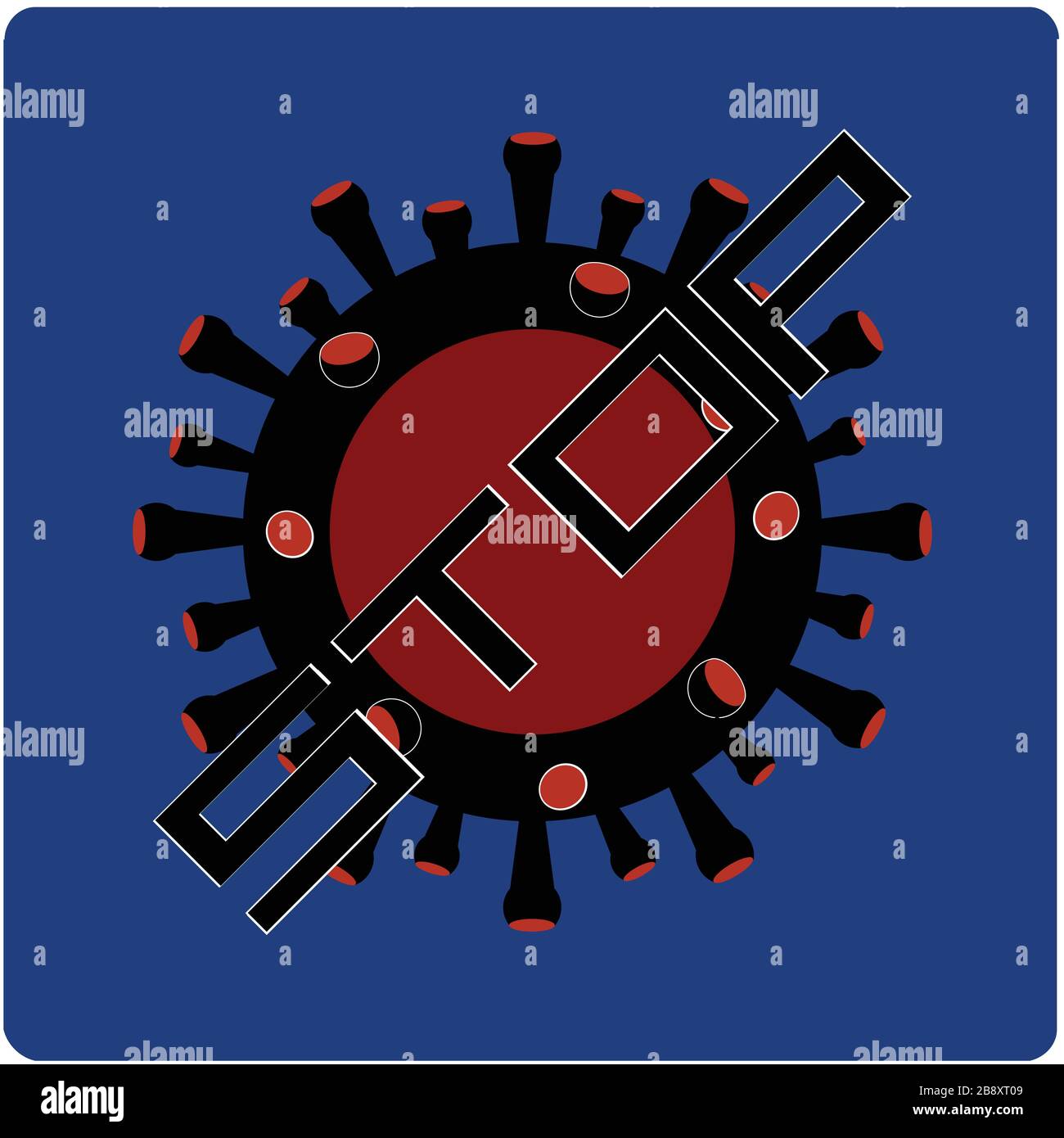 Stop Virus Logo nero e rosso con testo su sfondo blu con angoli arrotondati Illustrazione Vettoriale