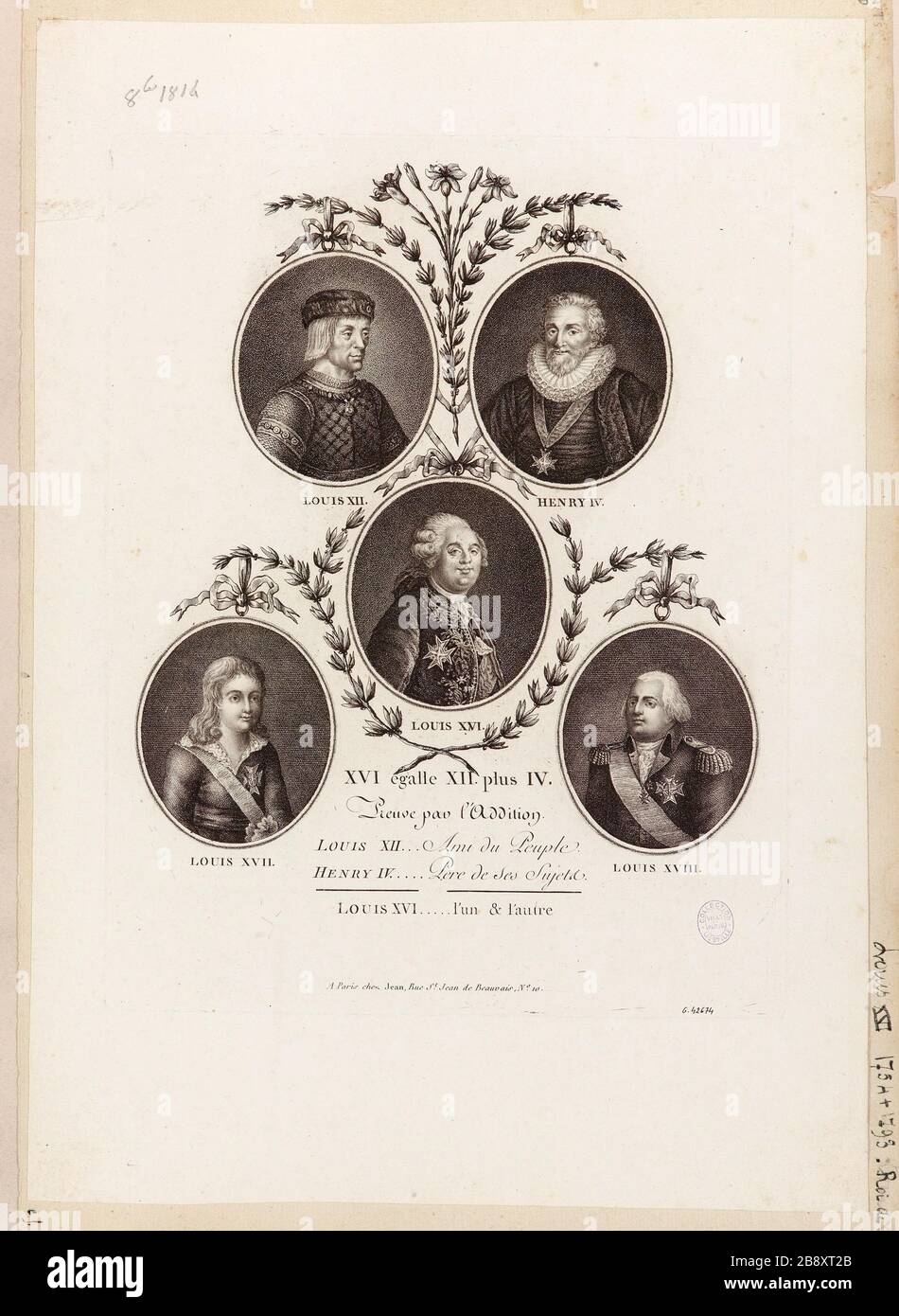 Cinque medaglioni che coinvolgono ritratti di Luigi XII, Enrico IV, Luigi XVI, Luigi XVII e Luigi XVIII Foto Stock