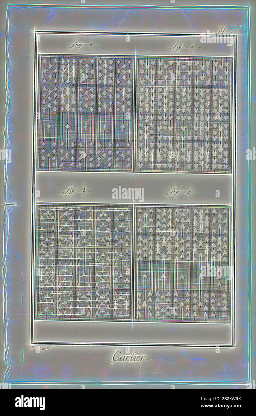 Card-Maker, da Encyclopédie, 1762/77, A. J. Defehrt (francese, attivo 18th secolo), pubblicato da André le Breton (francese, 1708-1779), Michel-Antoine David (francese, c.. 1707-1769), Laurent Durand (francese, 1712-1763), e Antoine-Claude Briasson (francese, 1700-1775), Francia, incisione, con incisione, su carta cremosa, 400 × 260 mm, Reimagined by Gibon, disegno di calore allegro di luminosità e raggi di luce radianza. Arte classica reinventata con un tocco moderno. La fotografia ispirata al futurismo, che abbraccia l'energia dinamica della tecnologia moderna, del movimento, della velocità e rivoluziona la cultura. Foto Stock