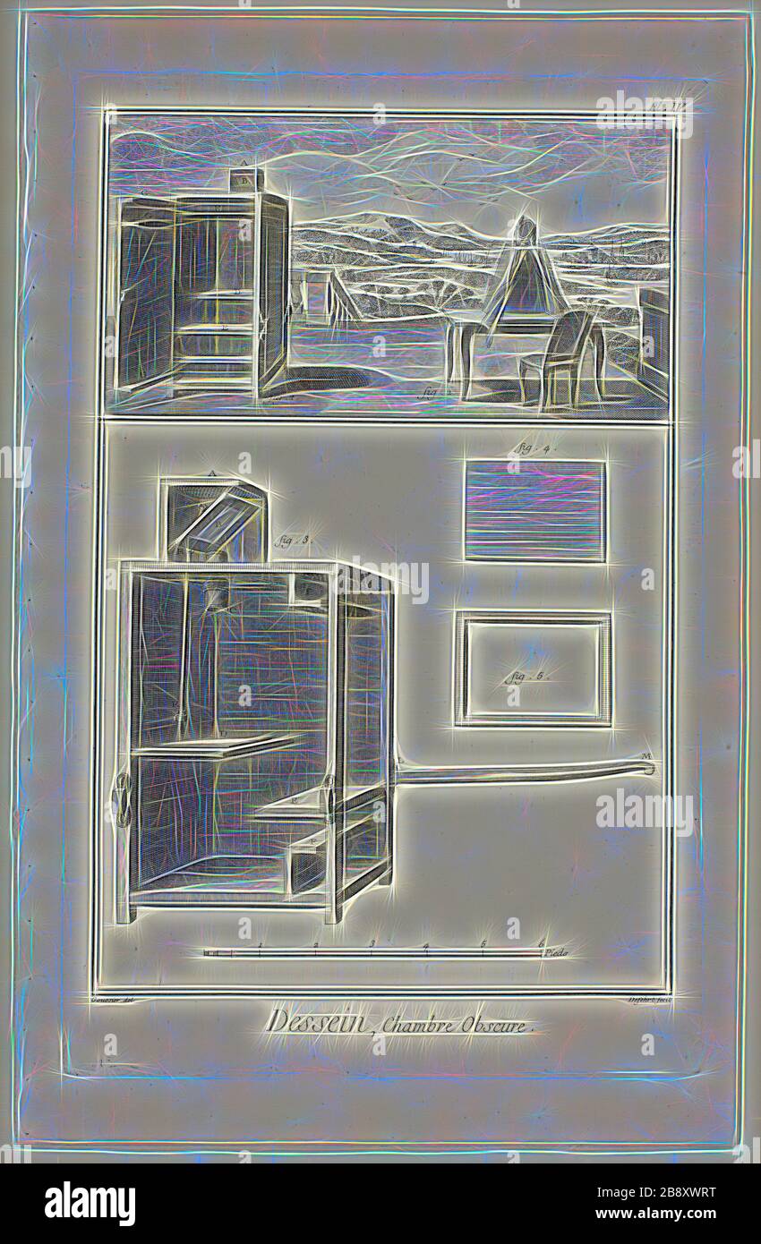 Design: Fotocamera Obscura, da Encyclopédie, 1762/77, A. J. Defehrt (francese, attivo 18th secolo), dopo Louis-Jaques Goussier (francese, 1722-1799), pubblicato da André le Breton (francese, 1708-1779), Michel-Antoine David (francese, c. 1707-1769), Laurent Durand (francese, 1712-1763), e Antoine-Claude Briasson (francese, 1700-1775), Francia, incisione su carta cremosa, 400 × 260 mm, Reimagined by Gibon, disegno di calore allegro di luminosità e raggi di luce radianza. Arte classica reinventata con un tocco moderno. Fotografia ispirata al futurismo, che abbraccia l'energia dinamica della tecnologia moderna, il movimento Foto Stock