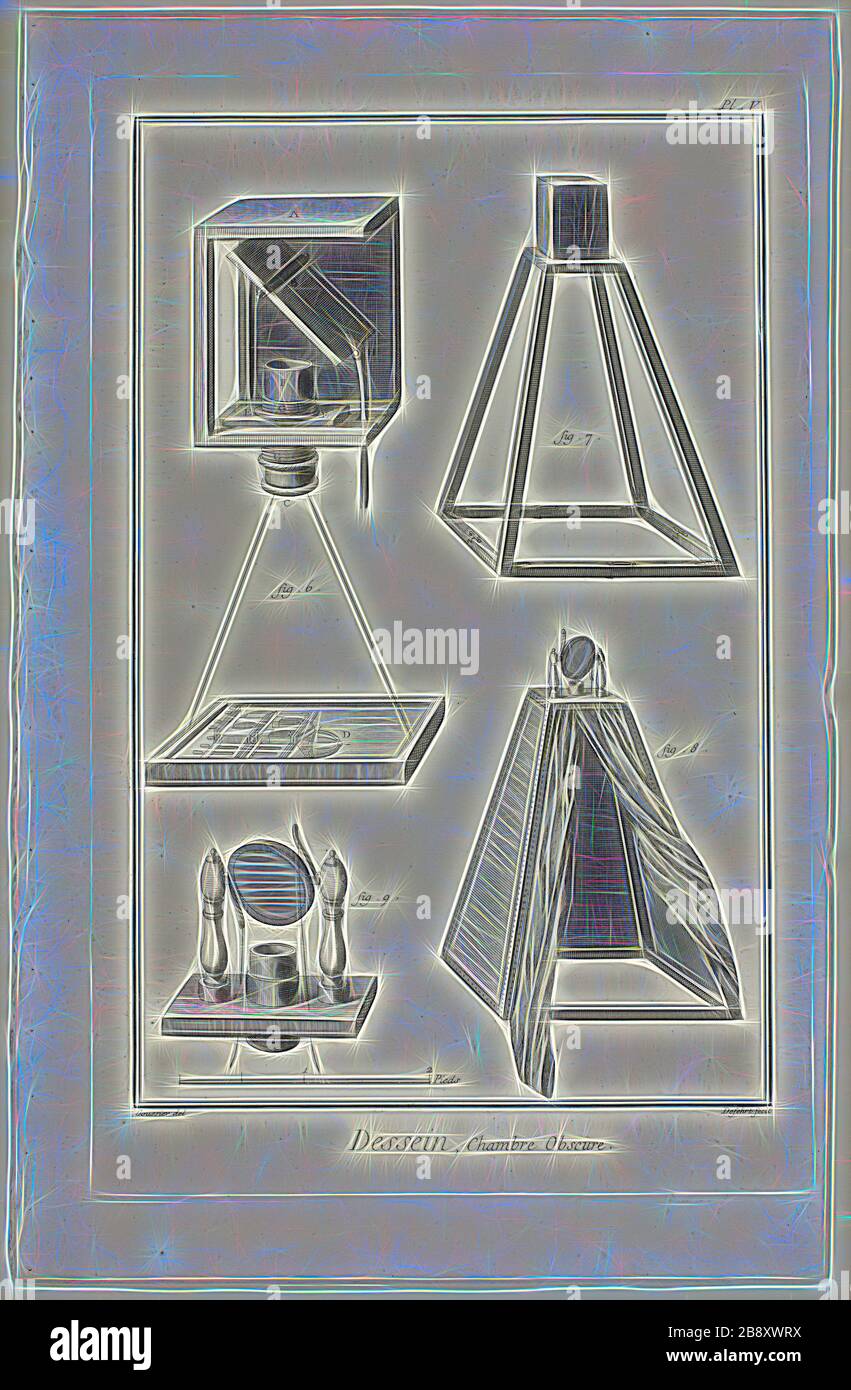 Design: Fotocamera Obscura, da Encyclopédie, 1762/77, A. J. Defehrt (francese, attivo 18th secolo), dopo Louis-Jaques Goussier (francese, 1722-1799), pubblicato da André le Breton (francese, 1708-1779), Michel-Antoine David (francese, c. 1707-1769), Laurent Durand (francese, 1712-1763), e Antoine-Claude Briasson (francese, 1700-1775), Francia, incisione su carta cremosa, 400 × 260 mm, Reimagined by Gibon, disegno di calore allegro di luminosità e raggi di luce radianza. Arte classica reinventata con un tocco moderno. Fotografia ispirata al futurismo, che abbraccia l'energia dinamica della tecnologia moderna, il movimento Foto Stock