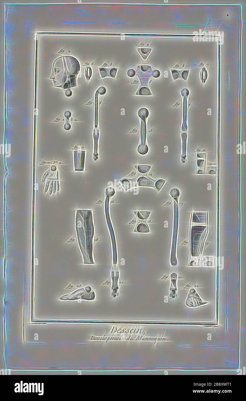 Design: Mannequin Parts, da Encyclopédie, 1762/77, A. J. Defehrt (francese, attivo 18th secolo), dopo Louis-Jaques Goussier (francese, 1722-1799), pubblicato da André le Breton (francese, 1708-1779), Michel-Antoine David (francese, c. 1707-1769), Laurent Durand (francese, 1712-1763), e Antoine-Claude Briasson (francese, 1700-1775), Francia, incisione su carta cremosa, 400 × 260 mm, Reimagined by Gibon, disegno di calore allegro di luminosità e raggi di luce radianza. Arte classica reinventata con un tocco moderno. Fotografia ispirata al futurismo, che abbraccia l'energia dinamica della tecnologia moderna, mov Foto Stock