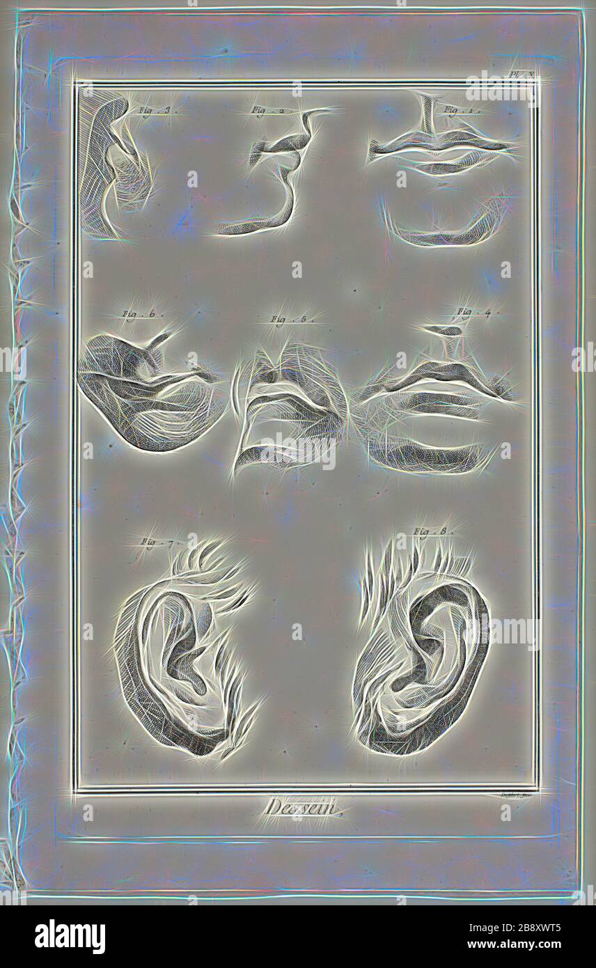 Design: Anatomia facciale da Encyclopédie, 1762/77, A. J. Defehrt (francese, attivo 18th secolo), pubblicato da André le Breton (francese, 1708-1779), Michel-Antoine David (francese, c. 1707-1769), Laurent Durand (francese, 1712-1763), e Antoine-Claude Briasson (francese, 1700-1775), Francia, incisione, con incisione, su carta cremosa, 400 × 260 mm, Reimagined by Gibon, disegno di calore allegro di luminosità e raggi di luce radianza. Arte classica reinventata con un tocco moderno. La fotografia ispirata al futurismo, che abbraccia l'energia dinamica della tecnologia moderna, del movimento, della velocità e rivoluziona il cultu Foto Stock