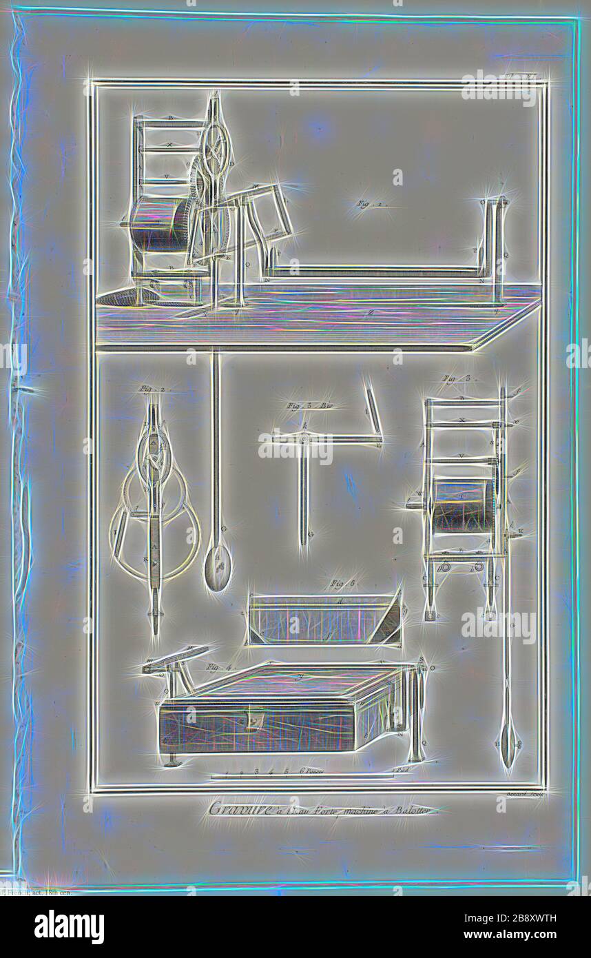 Acquaforte, Balotter Machine, da Encyclopédie, 1762/77, Robert Bénard (francese, 18th secolo), pubblicato da André le Breton (francese, 1708-1779), Michel-Antoine David (francese, c. 1707-1769), Laurent Durand (francese, 1712-1763), e Antoine-Claude Briasson (francese, 1700-1775), Francia, incisione su carta cremosa, 320 × 208 mm (immagine), 355 × 225 mm (piastra), 390 × 255 mm (foglio), Reimagined by Gibon, disegno di calda luce luminosa e luminosa. Arte classica reinventata con un tocco moderno. Fotografia ispirata al futurismo, che abbraccia l'energia dinamica della tecnologia moderna, movem Foto Stock