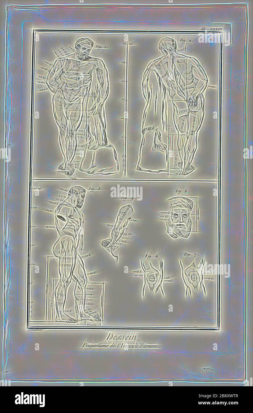Design: Proporzioni dei Farnese Ercole, da Encyclopédie, 1762/77, Benoît-Louis Prénost (francese, c. 1735-1809), pubblicato da André le Breton (francese, 1708-1779), Michel-Antoine David (francese, c. 1707-1769), Laurent Durand (francese, 1712-1763), e Antoine-Claude Briasson (francese, 1700-1775), Francia, incisione, con incisione, su carta spalmabile, 320 × 206 mm (immagine), 355 × 225 mm (piastra), 400 × 260 mm (foglio), Reimagined by Gibon, disegno di calda luminosità luminosa e radianza luminosa. Arte classica reinventata con un tocco moderno. Fotografia ispirata al futurismo, abbracciando il dy Foto Stock