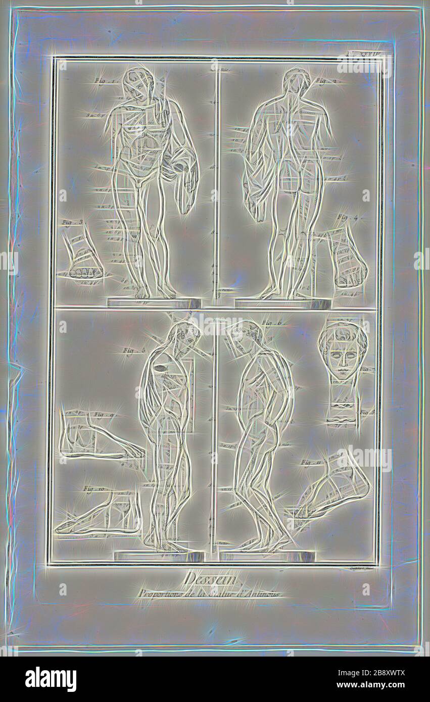 Design: Proporzioni della statua di Antinoüs, da Encyclopédie, 1762/77, A. J. Defehrt (francese, attivo 18th secolo), pubblicato da André le Breton (francese, 1708-1779), Michel-Antoine David (francese, c. 1707-1769), Laurent Durand (francese, 1712-1763), e Antoine-Claude Briasson (francese, 1700-1775), Francia, incisione, con incisione, su carta cremosa, 317 × 206 mm (immagine), 355 × 225 mm (piastra), 400 × 260 mm (foglio), Reimagined by Gibon, disegno di calda luminosità luminosa e radianza luminosa. Arte classica reinventata con un tocco moderno. Fotografia ispirata al futurismo, che abbraccia il din Foto Stock