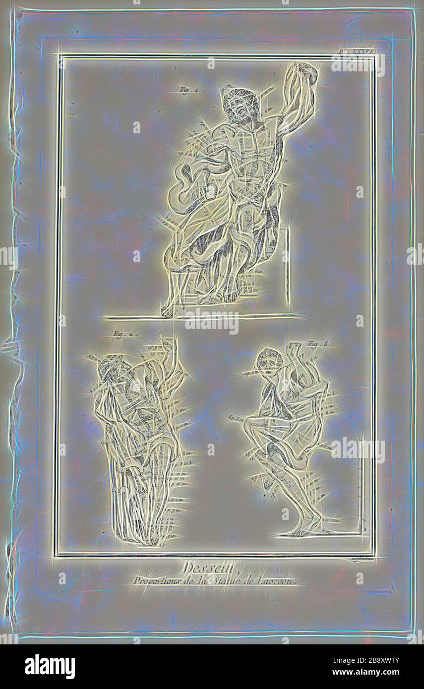 Design: Proporzioni della statua Laocoonte, da Encyclopédie, 1762/77, A. J. Defehrt (francese, attivo 18th secolo), pubblicato da André le Breton (francese, 1708-1779), Michel-Antoine David (francese, c.. 1707-1769), Laurent Durand (francese, 1712-1763), e Antoine-Claude Briasson (francese, 1700-1775), Francia, incisione, con incisione, su carta spalmabile, 320 × 215 mm (immagine), 355 × 225 mm (piastra), 400 × 260 mm (foglio), Reimagined by Gibon, disegno di calda luminosità luminosa e radianza luminosa. Arte classica reinventata con un tocco moderno. Fotografia ispirata al futurismo, che abbraccia dyna Foto Stock