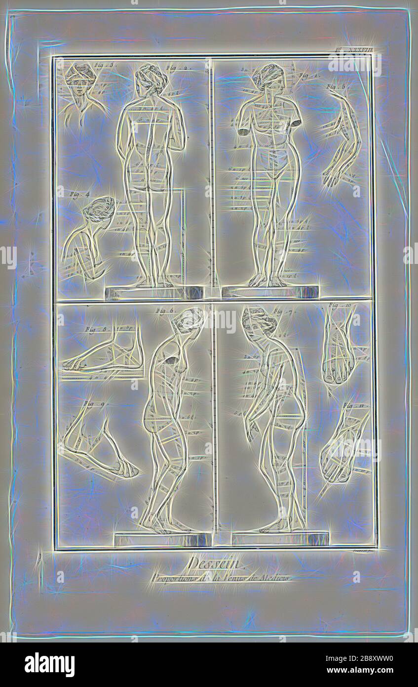Disegno: Proporzioni della Venere Medicea, da Encyclopédie, 1762/77, Benoît-Louis Prénost (francese, c. 1735-1809), pubblicato da André le Breton (francese, 1708-1779), Michel-Antoine David (francese, c. 1707-1769), Laurent Durand (francese, 1712-1763), e Antoine-Claude Briasson (francese, 1700-1775), Francia, incisione, con incisione, su carta cremosa, 316 × 207 mm (immagine), 355 × 225 mm (piastra), 400 × 260 mm (foglio), Reimagined by Gibon, disegno di calda luminosità e luminosità luminosa. Arte classica reinventata con un tocco moderno. Fotografia ispirata al futurismo, che abbraccia la dinamicità Foto Stock