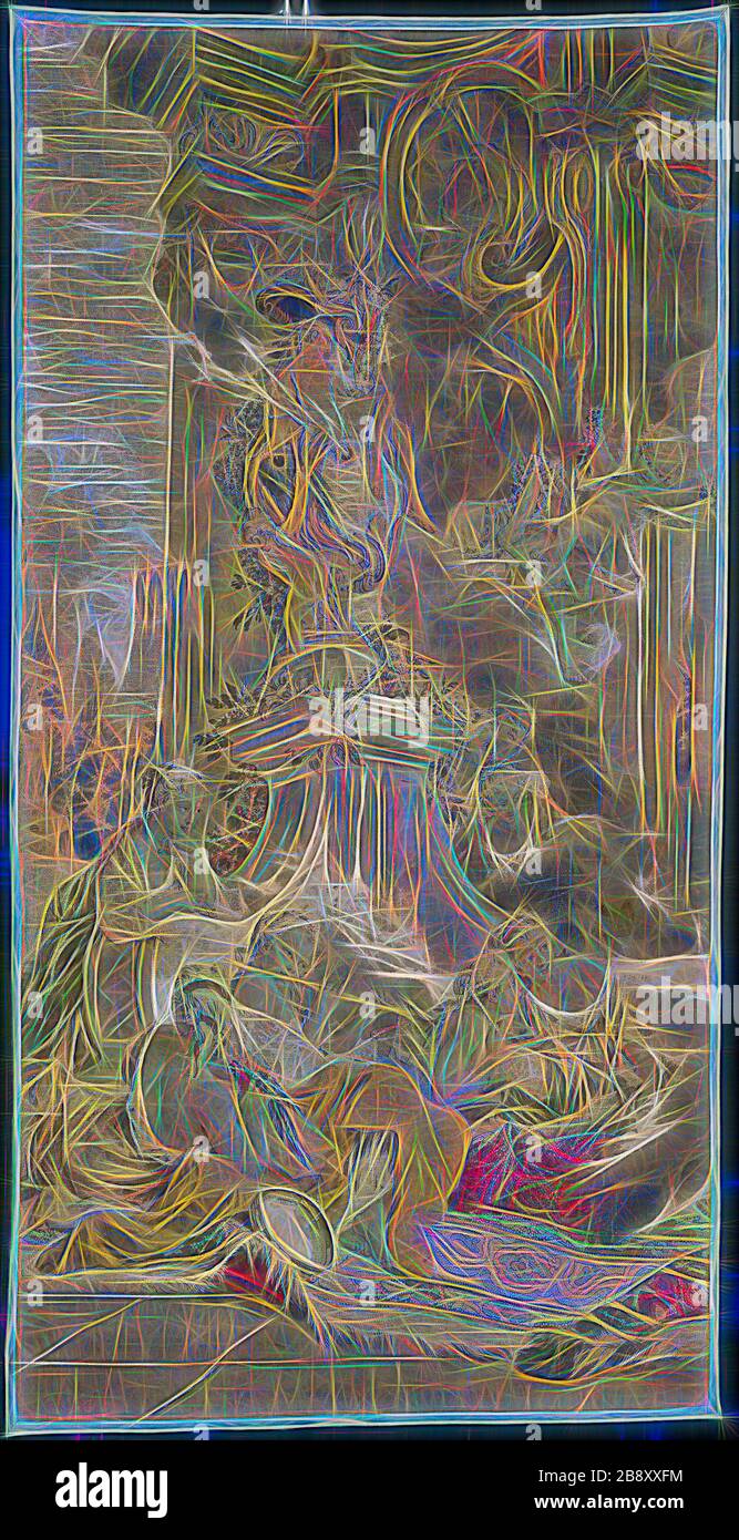 L'ingresso di psiche nel Palazzo di Cupido [frammento sinistro], dalla Storia di Psiche, 1756/63, dopo un cartoon di François Boucher (1703–1770), 1737–39, intessuto al Manufacture Royale de Beauvais sotto la direzione di André Charlemagne Charron (direttore 1754–80), Francia, Beauvais, Beauvais, Beauvais, lana e seta, fessura e tappezzeria a doppio incastro, tessitura 172,8 × 341,5 cm (68 × 134 3/8 in.), Reimagined by Gibon, design di calore allegro di luminosità e raggi di luce radianza. Arte classica reinventata con un tocco moderno. Fotografia ispirata al futurismo, che abbraccia l'energia dinamica del tecnologo moderno Foto Stock