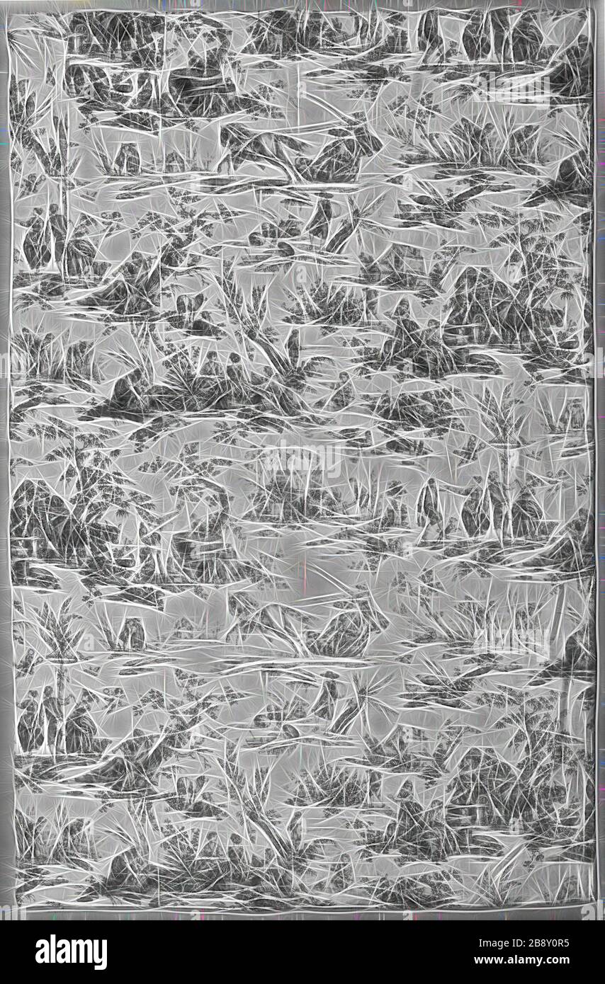 Les Plaisirs des Quatre Saisons (piaceri delle quattro stagioni) (tessuto d'arredamento), c. 1785, progettato da Jean Baptiste Huet (francese, 1745–1811) dopo Jacques Stella (francese, 1596–1657) e Claudine Stella (francese, 1636–1697), prodotto da Oberkampf Manufactory (francese, 1738–1815), Francia, Jouy-en-Josas, Francia, cotone, tessitura piana, copperplate stampato, 271,6 × 126,1 × cm, in Rebon (Rebon). design di calore allegro di luminosità e raggi di luce radianza. Arte classica reinventata con un tocco moderno. Fotografia ispirata al futurismo, che abbraccia l'energia dinamica del tec moderno Foto Stock