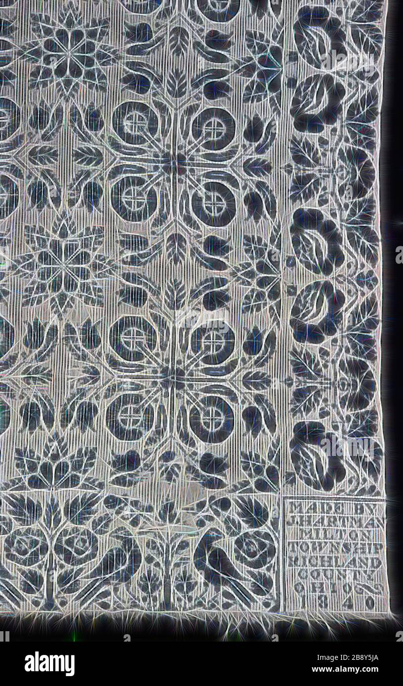 Coverlet, 1840, John Hartman (americano, nato in tedesco, 1807-1881), Stati Uniti, Ohio, Richland County, Milton Township, Ohio, cotone e lana, tessitura semplice con intreccio di orditi di legatura secondaria e trame di disegno (Beiderwand), tessuto su telaio con attacco Jacquard, due larghezze di telaio Uniti, frange, 230,4 x 161,3 cm (90 5/8 x 63 1/2 in.), Reimagined da Gibon, disegno di calore allegro di luminosità e raggi di luce radianza. Arte classica reinventata con un tocco moderno. Fotografia ispirata al futurismo, che abbraccia l'energia dinamica della tecnologia moderna, del movimento, della velocità e della rivoluzione Foto Stock