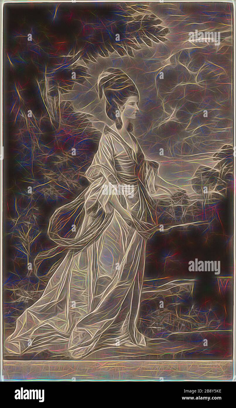 Jane, contessa di Harrington, 1780, Valentine Green (inglese, 1739-1813), dopo Sir Joshua Reynolds (inglese, 1723-1792), Inghilterra, Mezzotint su carta, 598 × 387 mm (immagine), 632 × 387 mm (foglio), Reimagined by Gibon, disegno di calore allegro di luminosità e raggi di luce. Arte classica reinventata con un tocco moderno. La fotografia ispirata al futurismo, che abbraccia l'energia dinamica della tecnologia moderna, del movimento, della velocità e rivoluziona la cultura. Foto Stock