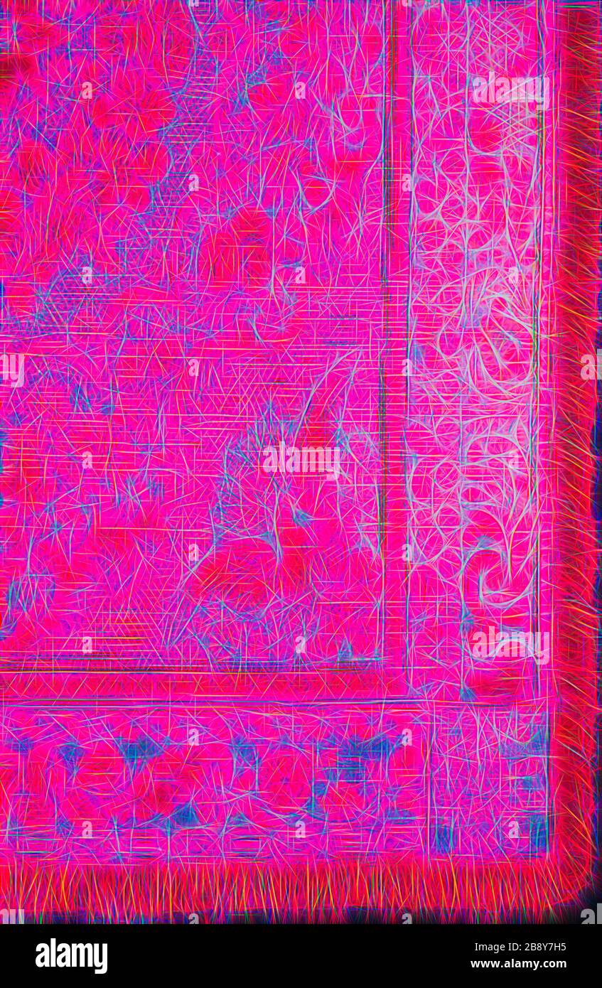 Coverlet, 1868, Ephraim Hausman (American, 1813–1901), Stati Uniti, Pennsylvania, Lehigh County, Trexlertown, Pennsylvania, cotone e lana, tessitura piana con intreccio semplice di orditi di legatura secondaria e trame di patterning (Beiderwand), bordato con frangia tessuta, tessuto su telaio con attacco Jacquard, 239,9 x 200,3 cm (94 x 78 pollici). Reinventata da Gibon, design di calda luce allegra di luminosità e raggi di luce radianza. Arte classica reinventata con un tocco moderno. Fotografia ispirata al futurismo, che abbraccia l'energia dinamica della tecnologia moderna, del movimento, della velocità e rivoluziona cu Foto Stock