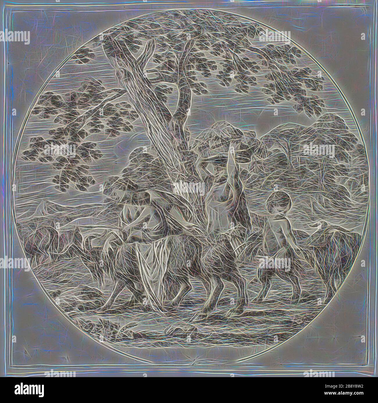 Satyr Family Walking, c. 1657, Stefano della Bella, italiano, 1610-1664, Italia, incisione su carta avorio posata, 221 x 222 mm (piastra), 230 x 229 mm (foglio), Reimagined by Gibon, disegno di calda luce allegra di luminosità e raggi di luce radianza. Arte classica reinventata con un tocco moderno. La fotografia ispirata al futurismo, che abbraccia l'energia dinamica della tecnologia moderna, del movimento, della velocità e rivoluziona la cultura. Foto Stock