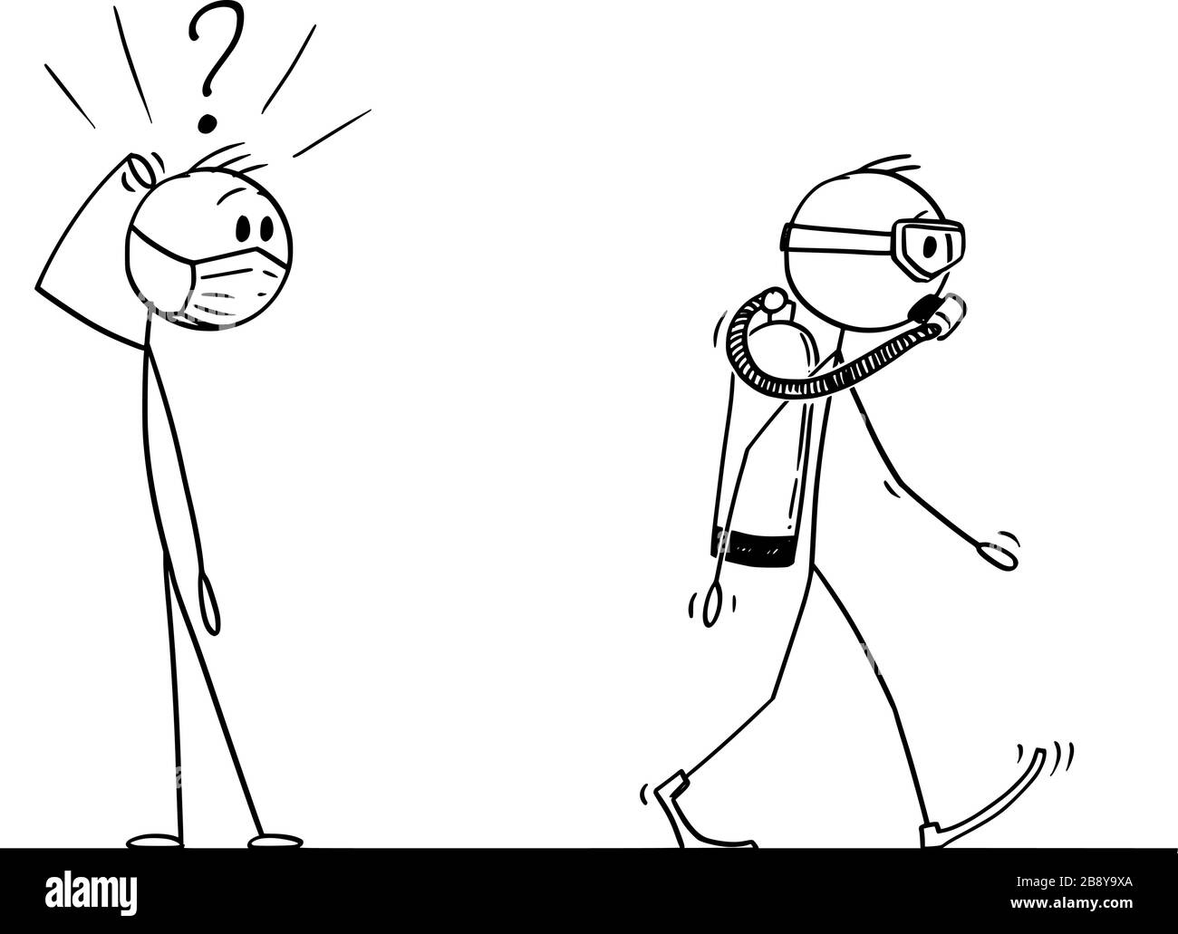 Figura del bastone del fumetto del vettore che disegna l'illustrazione concettuale dell'uomo scioccato nella maschera facciale che guarda un altro uomo, che indossa la maschera subacquea e l'apparecchiatura come tuta protettiva del coronavirus covid-19. Illustrazione Vettoriale