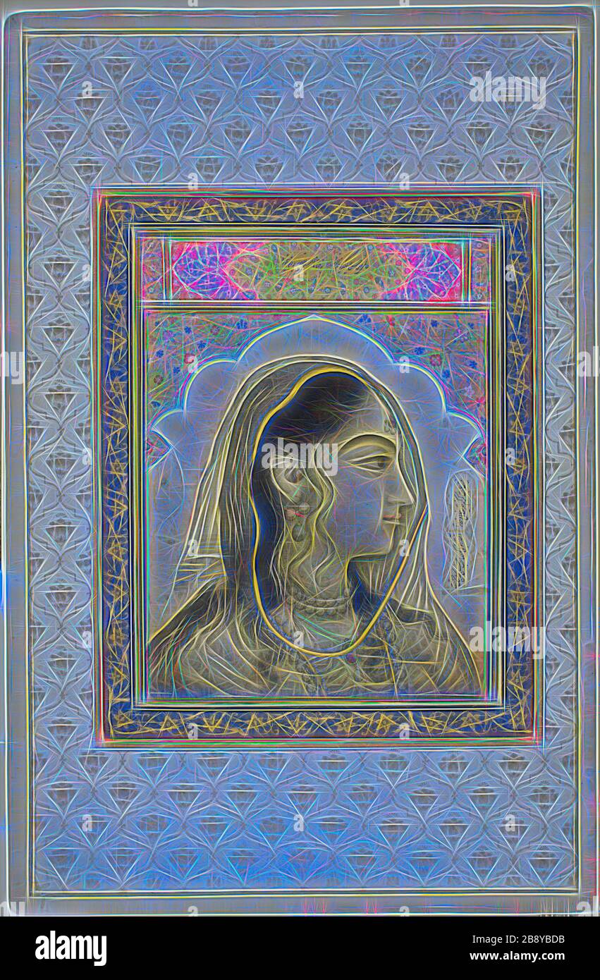 Ritratto di una bellezza, 17th secolo, India, India, acquerello opaco e oro su carta, immagine: 22,4 x 16,6 cm (8 13/16 x 6 1/2 in.), bordo più esterno: 41,8 x 26,7 (16 3/8 x 10 1/2 in.), carta: 44 x 28,6 cm, Reimagined by Gibon, design di luce calda e luminosa. Arte classica reinventata con un tocco moderno. La fotografia ispirata al futurismo, che abbraccia l'energia dinamica della tecnologia moderna, del movimento, della velocità e rivoluziona la cultura. Foto Stock