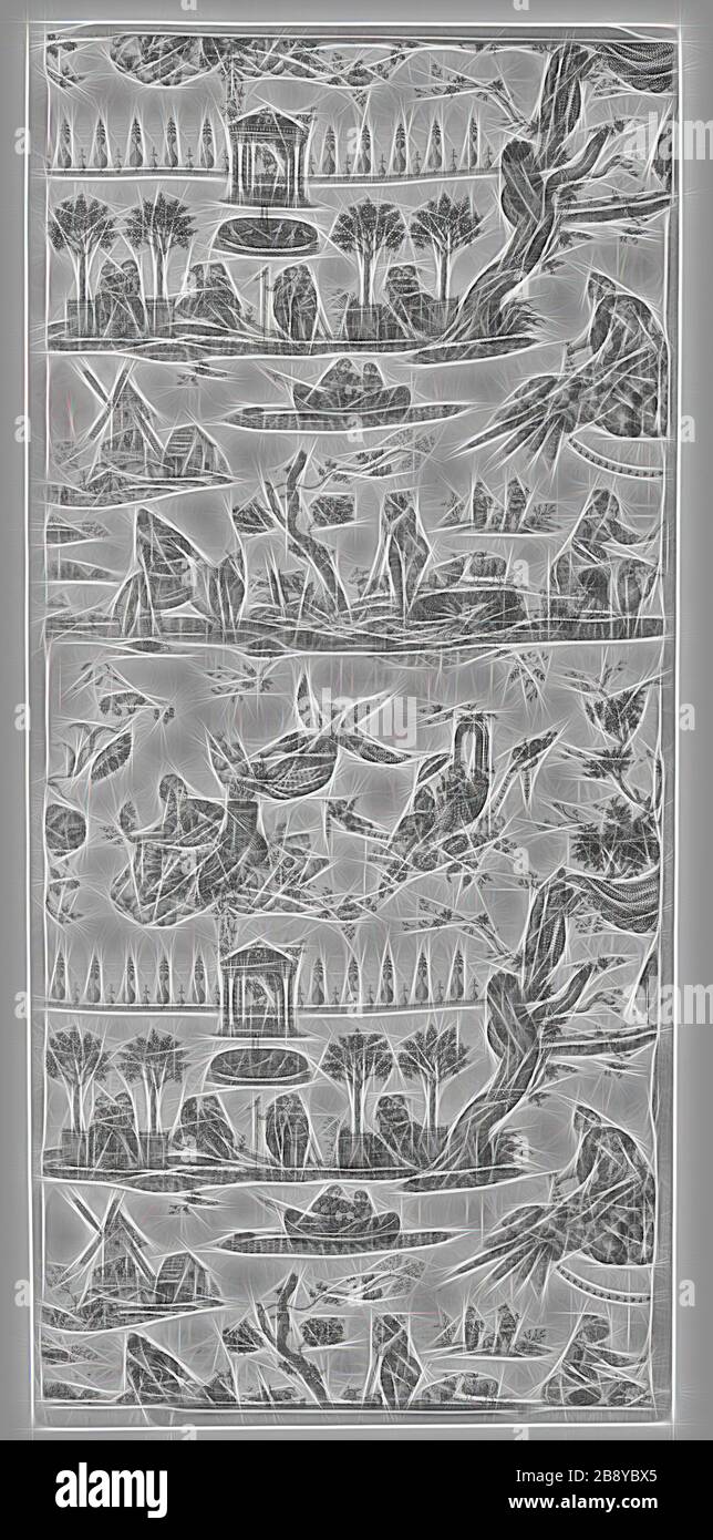 Le Temple de l'Amour (il Tempio dell'Amore) (tessuto d'arredo), c. 1785, prodotto da Gorrerat Frères et Cie., Francia, Nantes, Nantes, cotone, tessitura piana, stampato in rame, Reimagined by Gibon, disegno di calore allegro di luminosità e raggi di luce radianza. Arte classica reinventata con un tocco moderno. La fotografia ispirata al futurismo, che abbraccia l'energia dinamica della tecnologia moderna, del movimento, della velocità e rivoluziona la cultura. Foto Stock