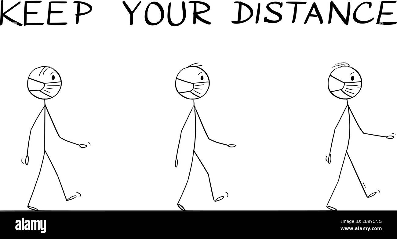 Cartoni animati vettoriali bastone figura disegno illustrazione istruttiva come camminare sulla strada durante coronavirus COVID-19 epidemia. Mantieni il testo della distanza. Illustrazione Vettoriale
