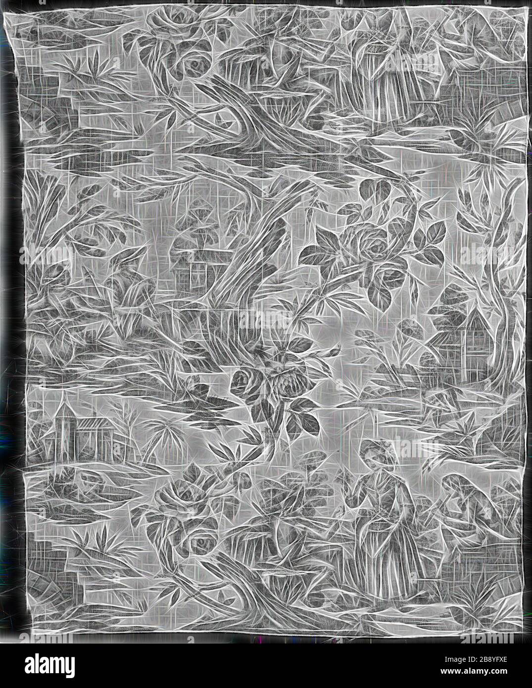 Pannello (tessuto d'arredamento), 1785, prodotto da Christophe Phillipe Oberkampf (francese, 1738-1815), Francia, Jouy-en-Josas, Francia, cotone, tessitura piana, stampato in rame, non abbastanza verticale ripetere, 113,9 × 93,4 cm (45 1/4 × 36 3/4 in.), Reimagined by Gibon, disegno di calda luce luminosa e luminosa. Arte classica reinventata con un tocco moderno. La fotografia ispirata al futurismo, che abbraccia l'energia dinamica della tecnologia moderna, del movimento, della velocità e rivoluziona la cultura. Foto Stock