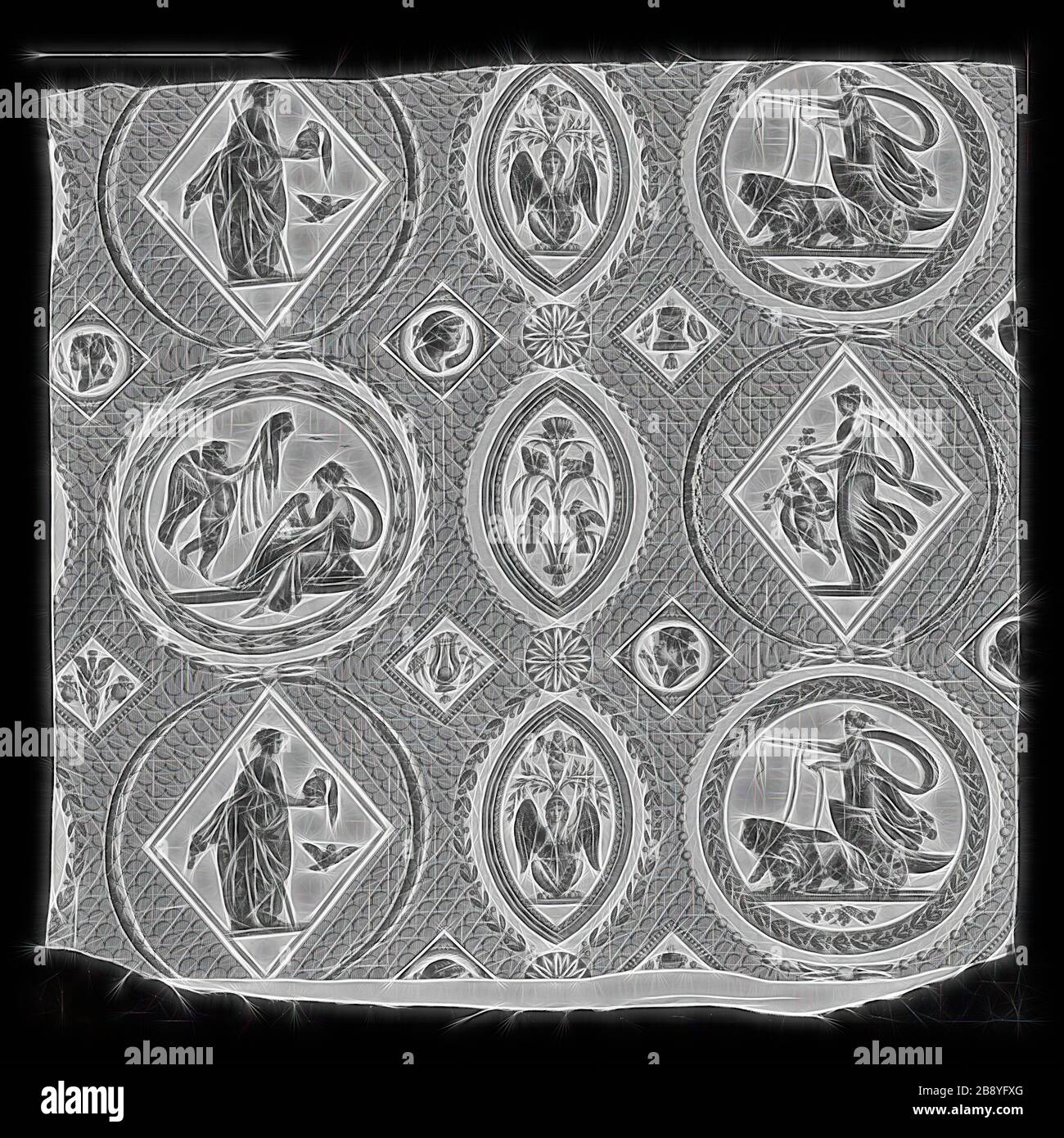 Medaglioni Antiques (antichi medaglioni) (tessuti per arredamento), c. 1800, progettato da Jean Baptiste Huet (francese, 1748–1811) dopo Rapheal (italiano, 1483-1520), prodotto da Oberkampf Manufactory (francese, 1738–1815), Francia, Jouy-en-Josas, Francia, cotone, tessitura piana, copperplate stampato, 75,2 × 83,2 cm (29 5/8 × 32 3/4 in.), Reimagined illuminato da luce calda e radianza. Arte classica reinventata con un tocco moderno. La fotografia ispirata al futurismo, che abbraccia l'energia dinamica della tecnologia moderna, del movimento, della velocità e rivoluziona la cultura. Foto Stock