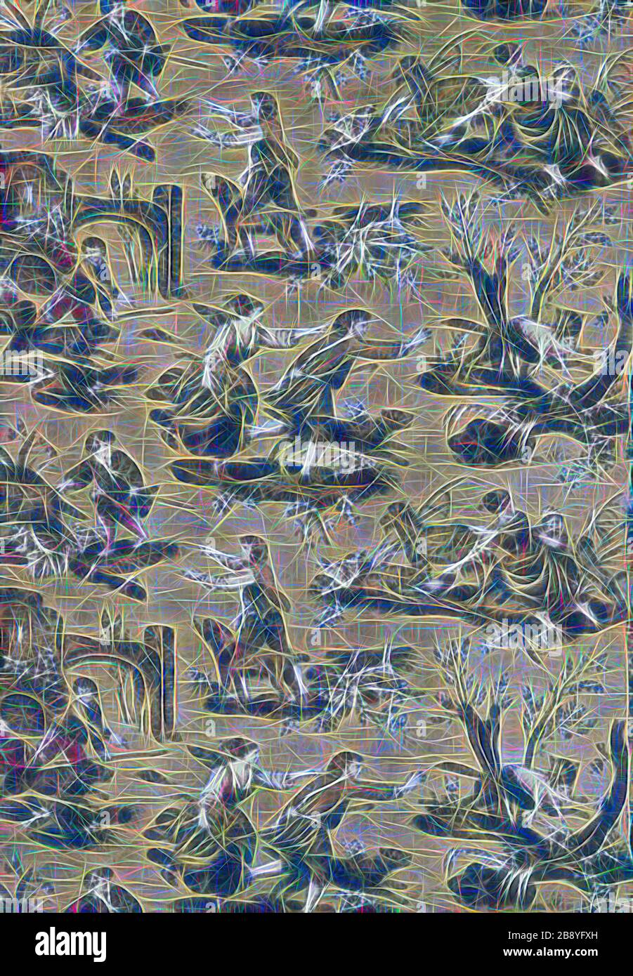 Au Loup! (Tessuto d'arredamento), 1783/89, progettato da Jean Baptiste Huet (francese, 1745–1811) dopo Jacques Stella (francese, 1569-1657) e altri, prodotto da Christophe Phillipe Oberkampf (francese, 1738-1815), Francia, Jouy-en-Josas, Francia, cotone, tessitura piana, copperplate, 93 × 136 cm (36 5/8 × Gibon, immaginato in 53 Gibon). design di calore allegro di luminosità e raggi di luce radianza. Arte classica reinventata con un tocco moderno. La fotografia ispirata al futurismo, che abbraccia l'energia dinamica della tecnologia moderna, del movimento, della velocità e rivoluziona la cultura. Foto Stock