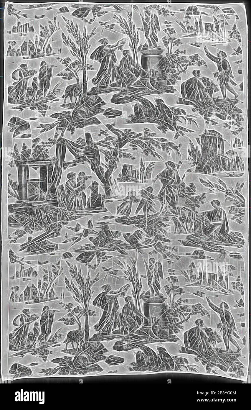 Le Sacrifice à l’Amour (Offrande à l’Amour) (tessuti per arredamento), c. 1795, progettato da Jean Baptiste Huet (francese, 1745–1811), prodotto da Christophe Phillipe Oberkampf (francese, 1738-1815), Francia, Jouy-en-Josas, Francia, cotone, tessitura semplice, stampato in rame, 154,2 × 99,8 cm (60 3/4 × 39 1/4 in.), reinventato da Gibon, disegno di luce calda e luminosità. Arte classica reinventata con un tocco moderno. La fotografia ispirata al futurismo, che abbraccia l'energia dinamica della tecnologia moderna, del movimento, della velocità e rivoluziona la cultura. Foto Stock