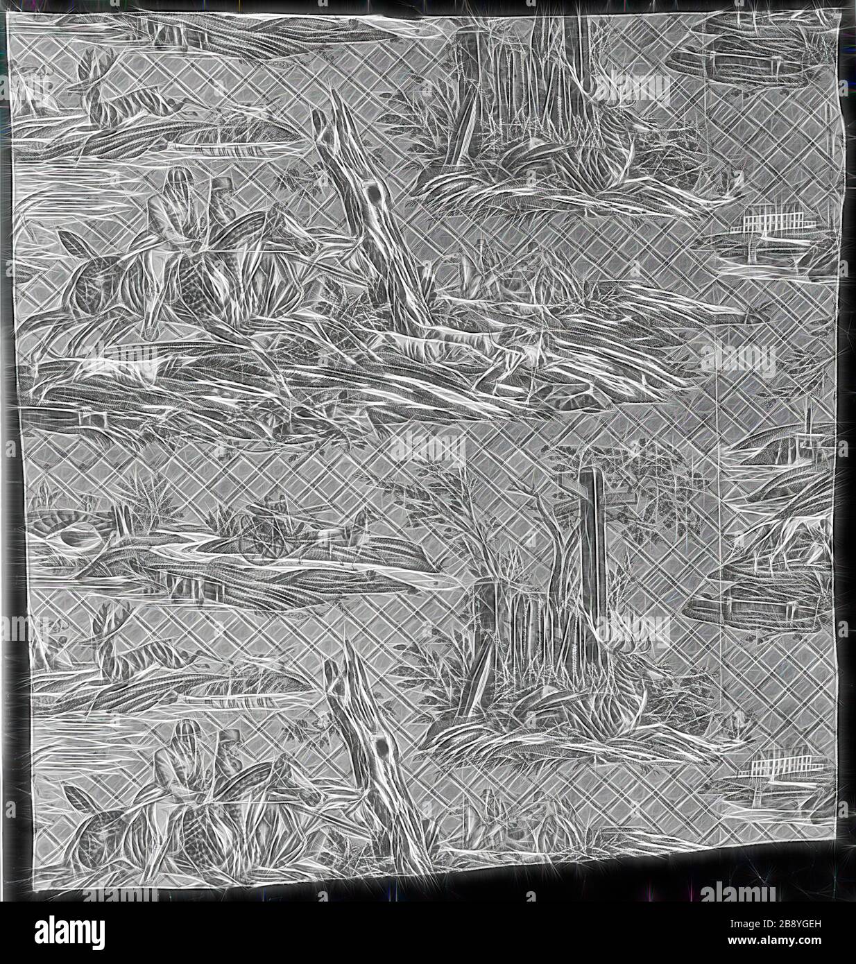La Route de Jouy (The Road to Jouy), 1815, progettato da Horace Vernet (francese, 1789–1863), prodotto da Oberkampf Manufactory (francese, 1738–1815), Francia, Jouy-en-Josas, Francia, cotone, tessitura piana, rame stampato, 75,1 × 71 cm (29 1/2 × 28 in.), immaginato da Rebon design di calore allegro di luminosità e raggi di luce radianza. Arte classica reinventata con un tocco moderno. La fotografia ispirata al futurismo, che abbraccia l'energia dinamica della tecnologia moderna, del movimento, della velocità e rivoluziona la cultura. Foto Stock