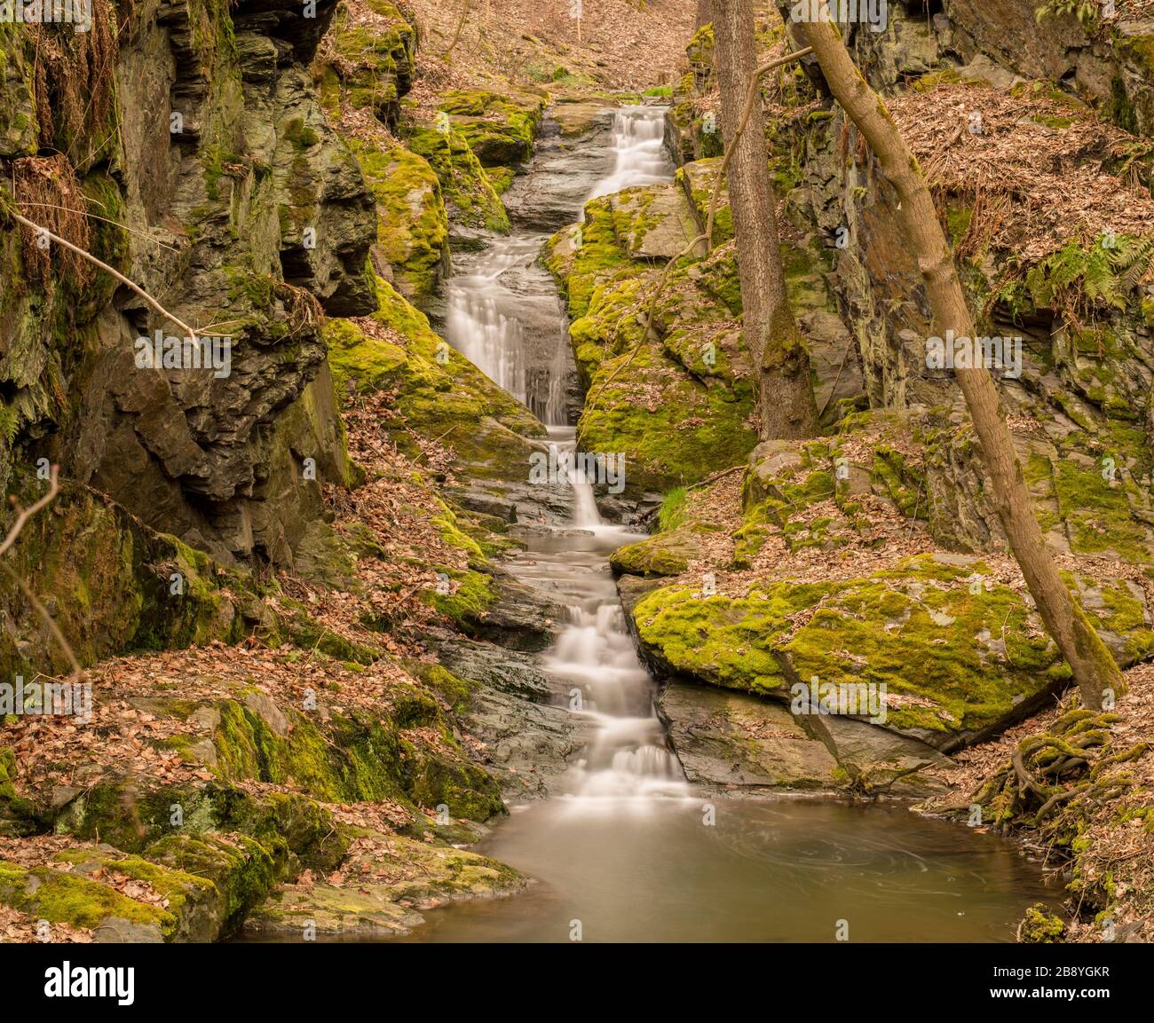 cascata tra rocce nella foresta vicino stribro, lunga esposizione, paesaggio Foto Stock