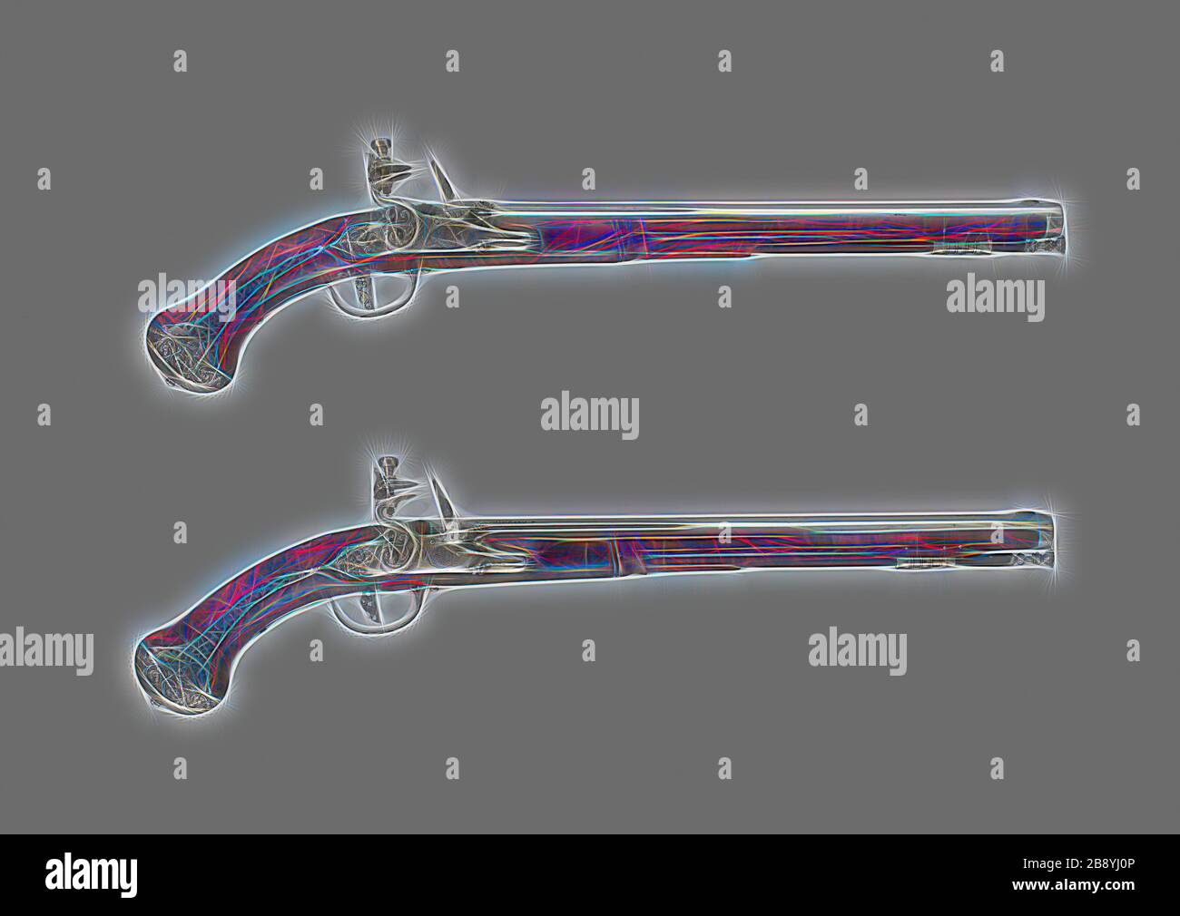 Coppia di Pistole Flintlock Holster, c. 1660/70, Lazzarino Cominazzo, Italiano, Brescia, 17th secolo, Italia, radice di edera, ottone, acciaio, L. 55 cm, Reimagined by Gibon, disegno di calda luce allegra di luminosità e di radianza di raggi luminosi. Arte classica reinventata con un tocco moderno. La fotografia ispirata al futurismo, che abbraccia l'energia dinamica della tecnologia moderna, del movimento, della velocità e rivoluziona la cultura. Foto Stock