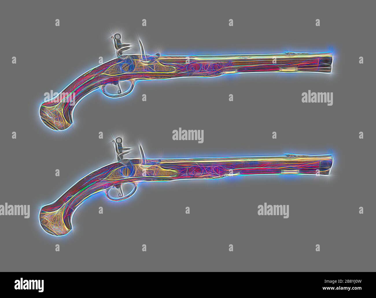 Coppia di Pistole Flintlock Holster, c. 1700/25, Austrian, Vienna, Vienna, acciaio, ottone, doratura, noce e corno, L. 53,3 cm, Reimagined by Gibon, design di calore allegro di luminosità e raggi di luce radianza. Arte classica reinventata con un tocco moderno. La fotografia ispirata al futurismo, che abbraccia l'energia dinamica della tecnologia moderna, del movimento, della velocità e rivoluziona la cultura. Foto Stock