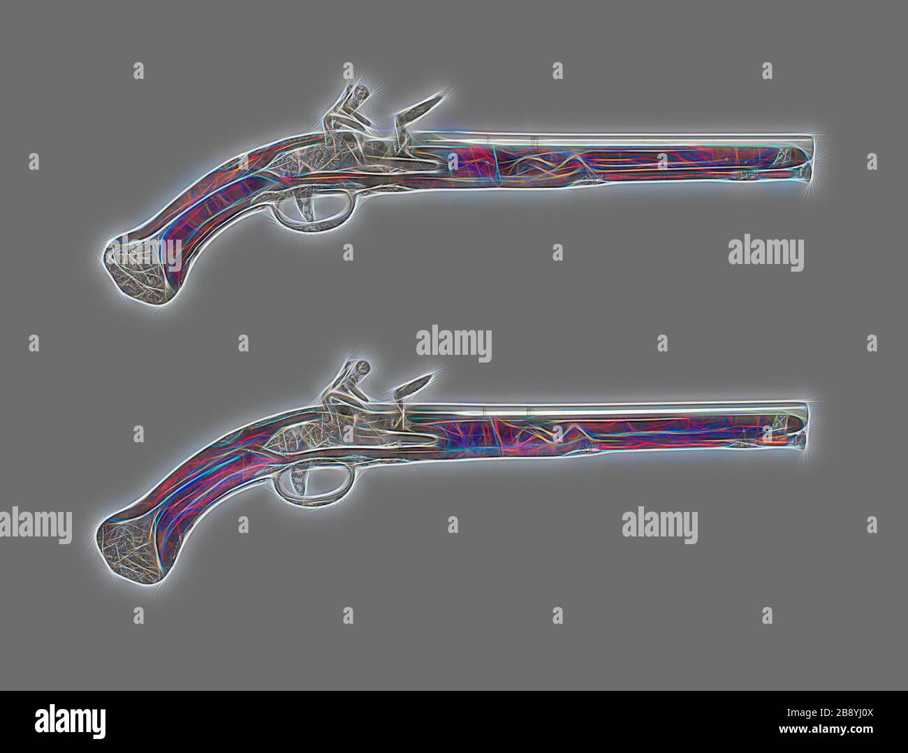 Coppia di Pistole Flintlock Holster, c. 1680/90, Italiano, Gardone Val Trompia, botti di Vicenzo Cominazzo, Italia, acciaio e legno, L. 48,8 cm, Reimagined by Gibon, disegno di calda luce luminosa e luminosa. Arte classica reinventata con un tocco moderno. La fotografia ispirata al futurismo, che abbraccia l'energia dinamica della tecnologia moderna, del movimento, della velocità e rivoluziona la cultura. Foto Stock