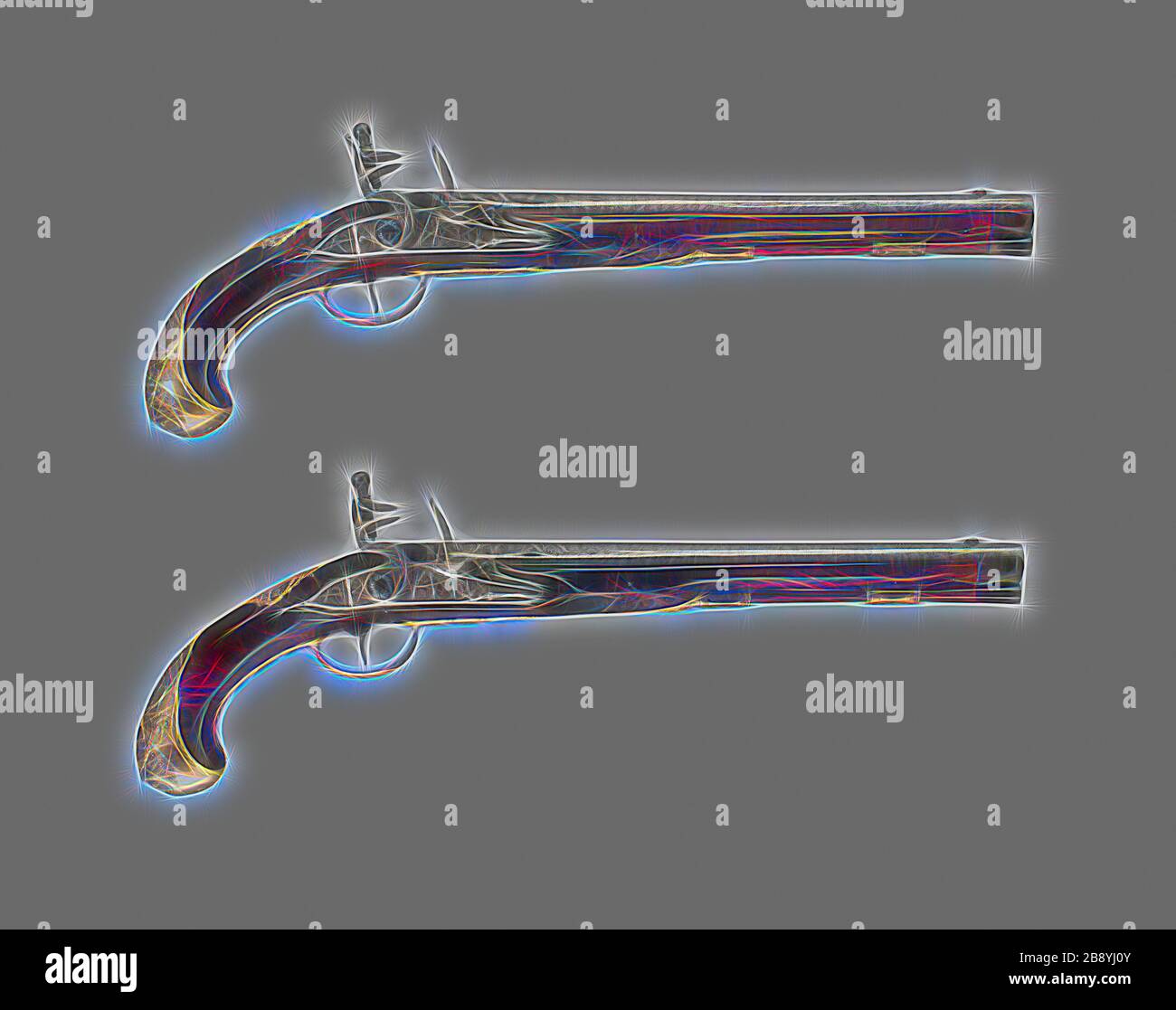 Coppia di Pistole Flintlock Holster, c. 1720/30, Belga, Liegi, Liegi, acciaio, argento, ottone, legno (noce), e doratura al mercurio, L. 48 cm, Reimagined by Gibon, disegno di calda luce luminosa e luminosa. Arte classica reinventata con un tocco moderno. La fotografia ispirata al futurismo, che abbraccia l'energia dinamica della tecnologia moderna, del movimento, della velocità e rivoluziona la cultura. Foto Stock