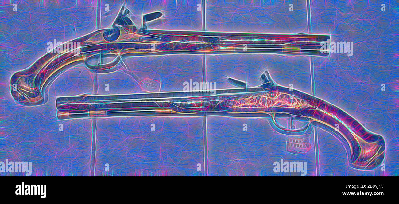 Coppia di Pistole Flintlock Holster, c. 1720, Austrian, Austria, Noce, acciaio, oro e ferro, L. 52 cm, Reimagined by Gibon, disegno di calda luce allegra e luminosa. Arte classica reinventata con un tocco moderno. La fotografia ispirata al futurismo, che abbraccia l'energia dinamica della tecnologia moderna, del movimento, della velocità e rivoluziona la cultura. Foto Stock