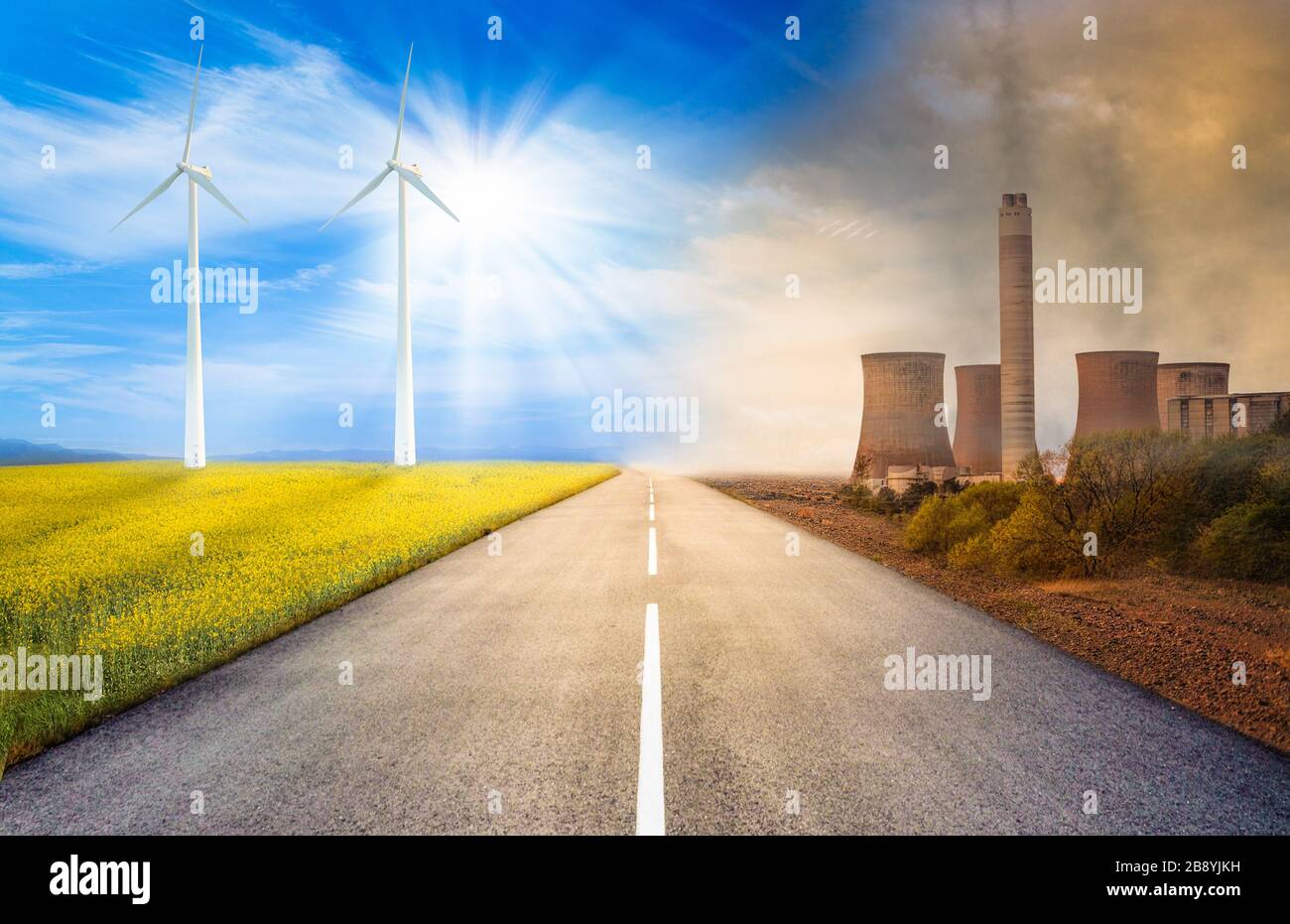 immagine concettuale sull'inquinamento provocato dalle centrali elettriche e dalle energie rinnovabili dall'altra parte Foto Stock