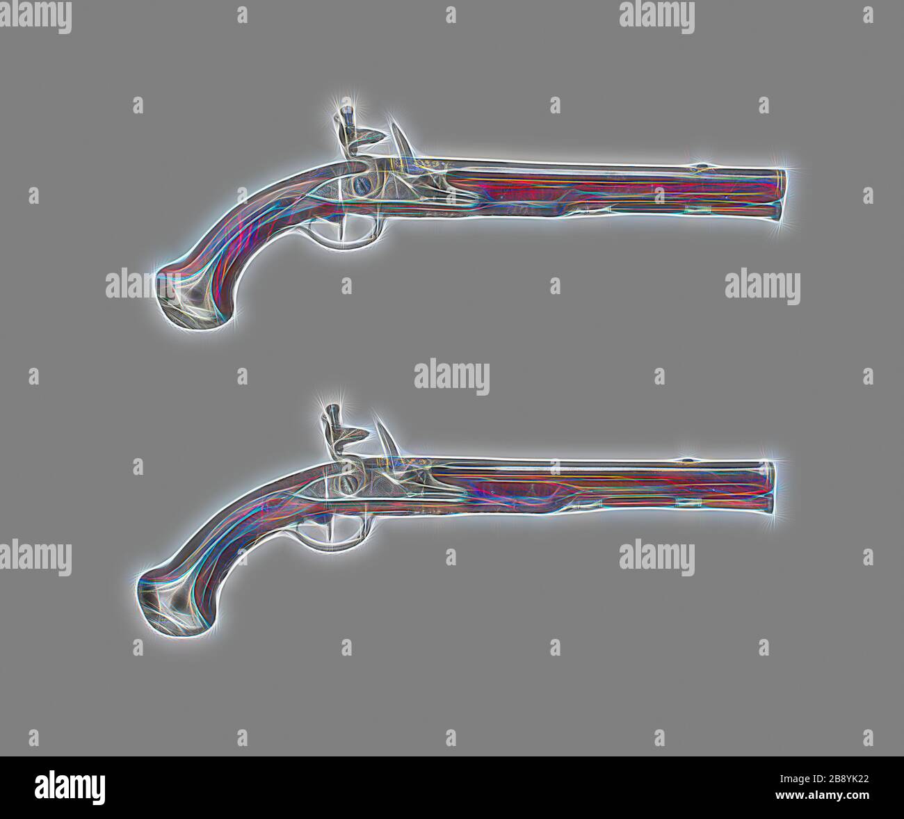 Coppia di Pistole Flintlock Holster, circa 1740, Joseph Etienne Brion (francese, attivo 1740-1747), Parigi, Parigi, acciaio, oro, noce, e selce, L. 40.3 cm (15 7/8 in.), Reimagined by Gibon, disegno di calore allegro di luminosità e raggi di luce radianza. Arte classica reinventata con un tocco moderno. La fotografia ispirata al futurismo, che abbraccia l'energia dinamica della tecnologia moderna, del movimento, della velocità e rivoluziona la cultura. Foto Stock