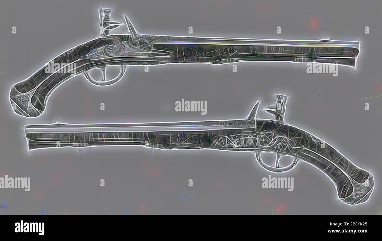 Coppia di Pistole Flintlock Holster, c. 1670, Gunsmith: Gerrit Lasonder, (olandese, attivo 1659-87), Utrecht, Utrecht, acciaio, rame, bava di noce, L. 52 cm, Reimagined by Gibon, disegno di caldo e allegro bagliore di luminosità e raggi di luce radianza. Arte classica reinventata con un tocco moderno. La fotografia ispirata al futurismo, che abbraccia l'energia dinamica della tecnologia moderna, del movimento, della velocità e rivoluziona la cultura. Foto Stock