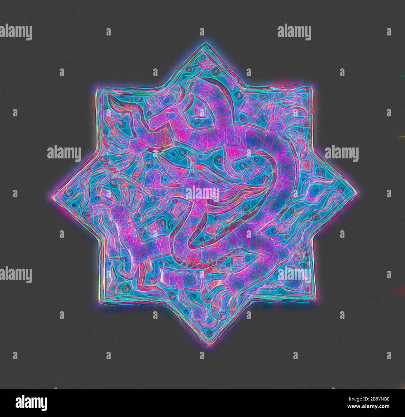 Tile a stella, dinastia Ilkhanide (1256–1353), fine 13th secolo, Iran, Iran, pasta di pietra con smalto turchese alcalino stagno, smalti e decorazioni in foglie d'oro, 19,4 × 19,4 × 2,0 cm. (7 5/8 × 7 5/8 7/8 in.), Reimagined by Gibon, disegno di calore allegro di luminosità e raggi di luce radianza. Arte classica reinventata con un tocco moderno. La fotografia ispirata al futurismo, che abbraccia l'energia dinamica della tecnologia moderna, del movimento, della velocità e rivoluziona la cultura. Foto Stock