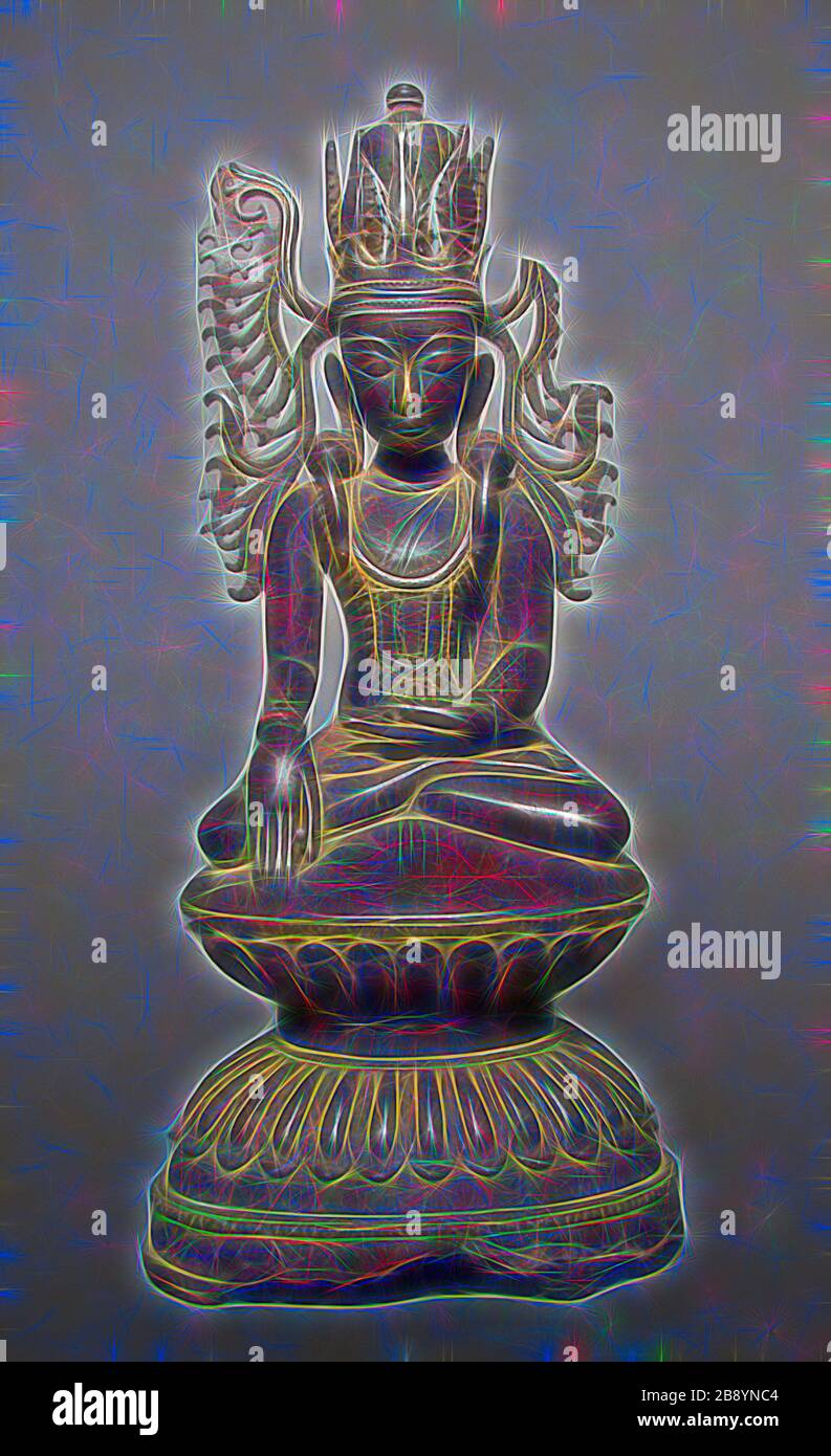 Jeweled e coronato Buddha (Jambupati), c. 17th secolo, Birmania (Myanmar), Birmania, Bronzo, 38 × 16,7 × 11,5 cm (15 × 6 5/8 × 4 1/2 in.), Reimagined da Gibon, disegno di calore allegro di luminosità e raggi di luce radianza. Arte classica reinventata con un tocco moderno. La fotografia ispirata al futurismo, che abbraccia l'energia dinamica della tecnologia moderna, del movimento, della velocità e rivoluziona la cultura. Foto Stock
