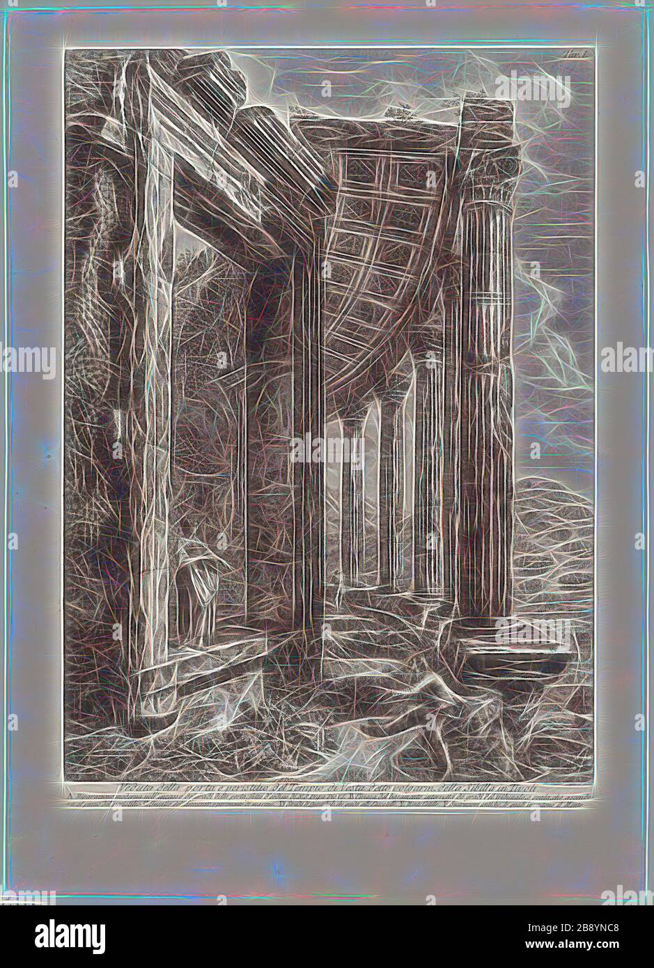 Veduta della porta e del Peristilio del Tempio di Vesta, 1780, Francesco Piranesi, Italiano, 1758-1810, Italia, incisione su carta avorio posata, 680 × 479 mm (piastra), 787 × 564 mm (foglio), Reimagined by Gibon, disegno di calda luce luminosa e luminosa. Arte classica reinventata con un tocco moderno. La fotografia ispirata al futurismo, che abbraccia l'energia dinamica della tecnologia moderna, del movimento, della velocità e rivoluziona la cultura. Foto Stock