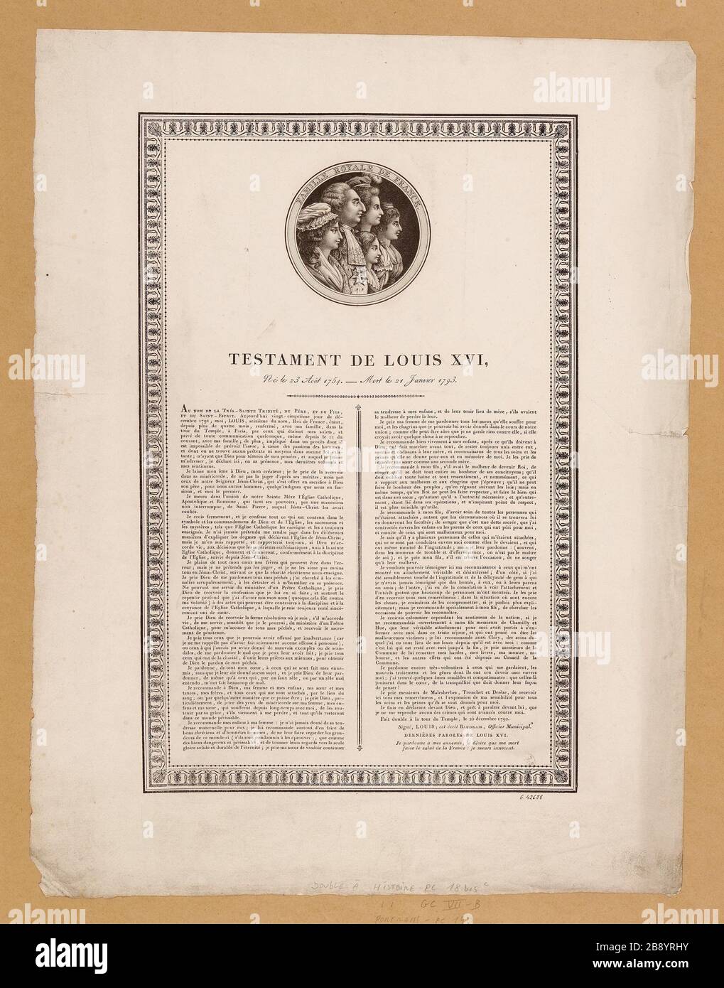 famiglia reale di Francia. / Testamento di Luigi XVI / nato il 23 agosto 1754 - morte il 21 gennaio 1793. Foto Stock