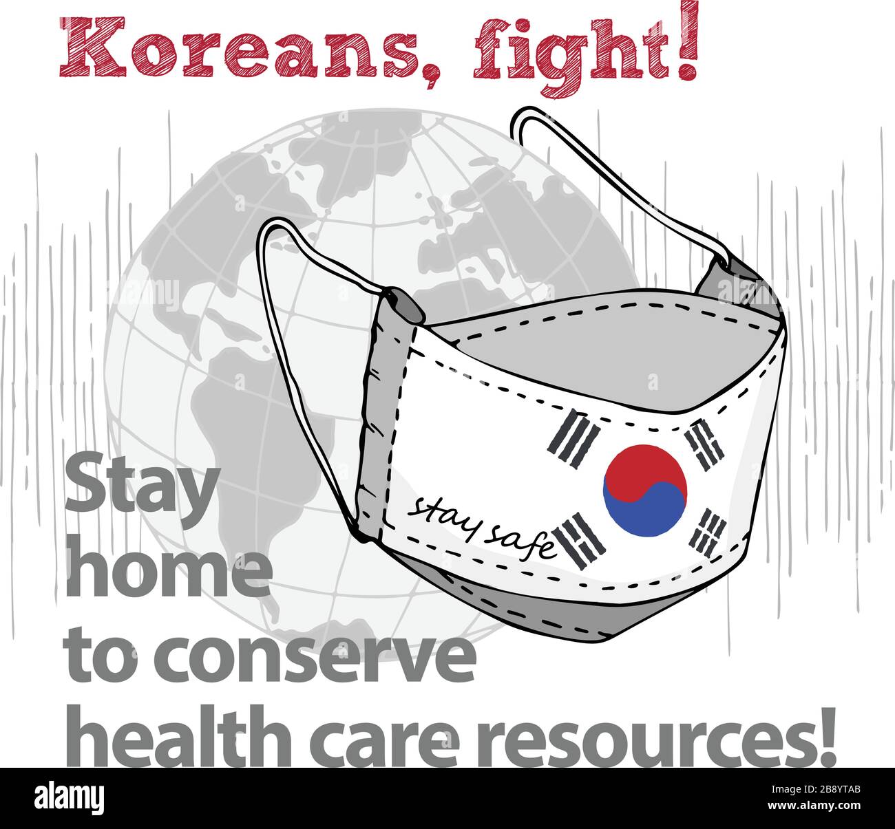 Design concetto di informazioni mediche poster contro virus epidemia coreani, lotta rimanere a casa per conservare le risorse sanitarie mano disegnato faccia tessile Illustrazione Vettoriale