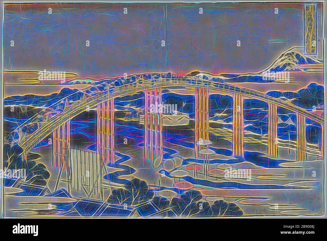 Ponte di Yahagi ad Okazaki sul Tokaido (Tokaido Okazaki Yahagi no hashi), dalla serie di vedute insolite dei famosi ponti in varie Province (Shokoku meikyo kiran), c. 1833/34, Katsushika Hokusai ?? ??, giapponese, 1760–1849, Giappone, stampa a blocchi di legno a colori, oban, 23,0 x 34,5 cm, reimmaginata da Gibon, design di calore allegro di luminosità e raggi di luce radianza. Arte classica reinventata con un tocco moderno. La fotografia ispirata al futurismo, che abbraccia l'energia dinamica della tecnologia moderna, del movimento, della velocità e rivoluziona la cultura. Foto Stock