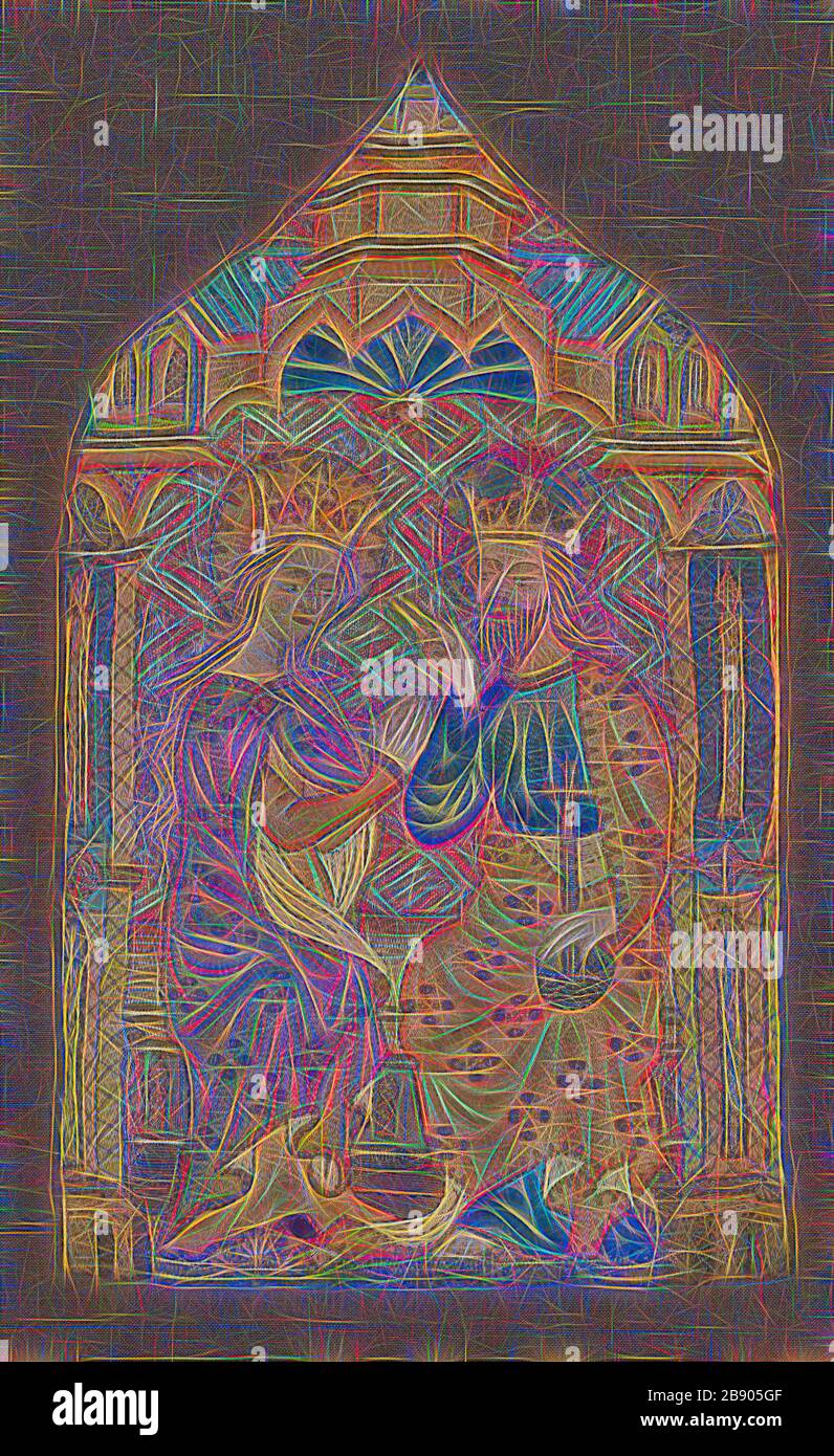 Frammento (da una banda orphrey), 1400/50, Inghilterra, Opus Anglicanum, Inghilterra, lino, tessitura liscia, ricamato con seta e seta dorata-metallo-avvolto in maglia spaccata e stemetta, lavoro posato e coching., 31,2 × 18,6 cm (12 1/4 × 7 1/4 in.), Reimagined by Gibon, design di calore allegro di luminosità e raggi di luce radianza. Arte classica reinventata con un tocco moderno. La fotografia ispirata al futurismo, che abbraccia l'energia dinamica della tecnologia moderna, del movimento, della velocità e rivoluziona la cultura. Foto Stock